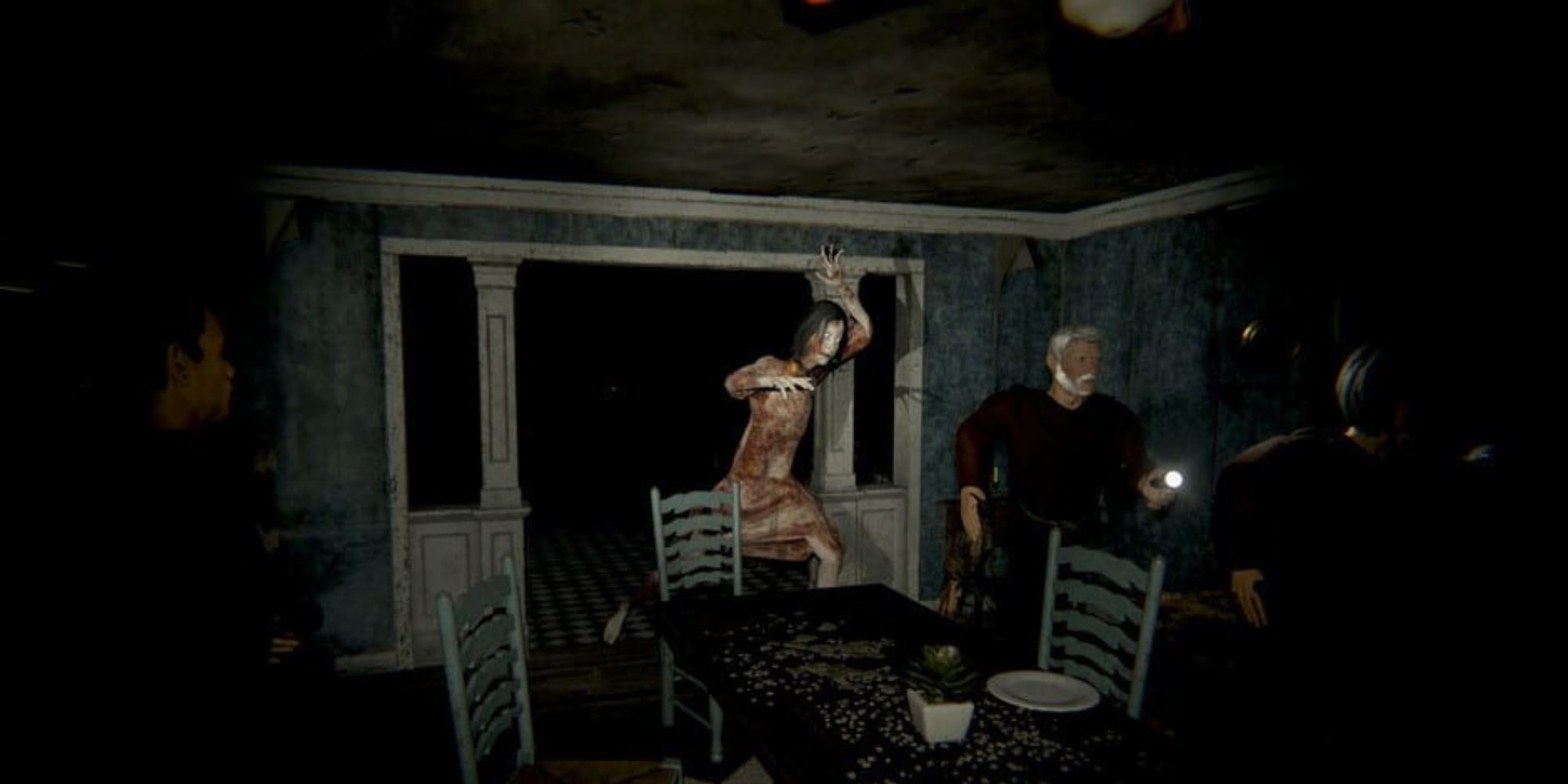 A possessed Anna runs after player cult members in the dining room