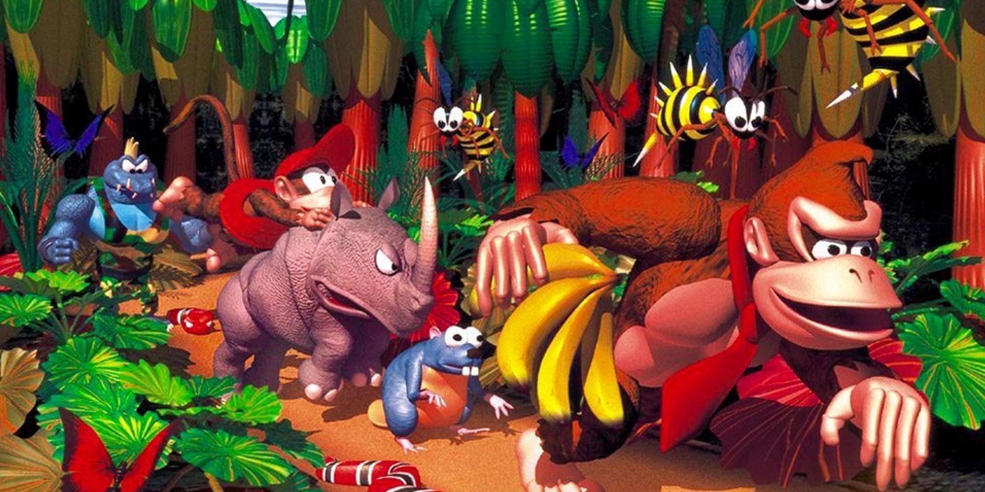 Donkey and Diddy Kong run through the jungle followed by enemies and friends