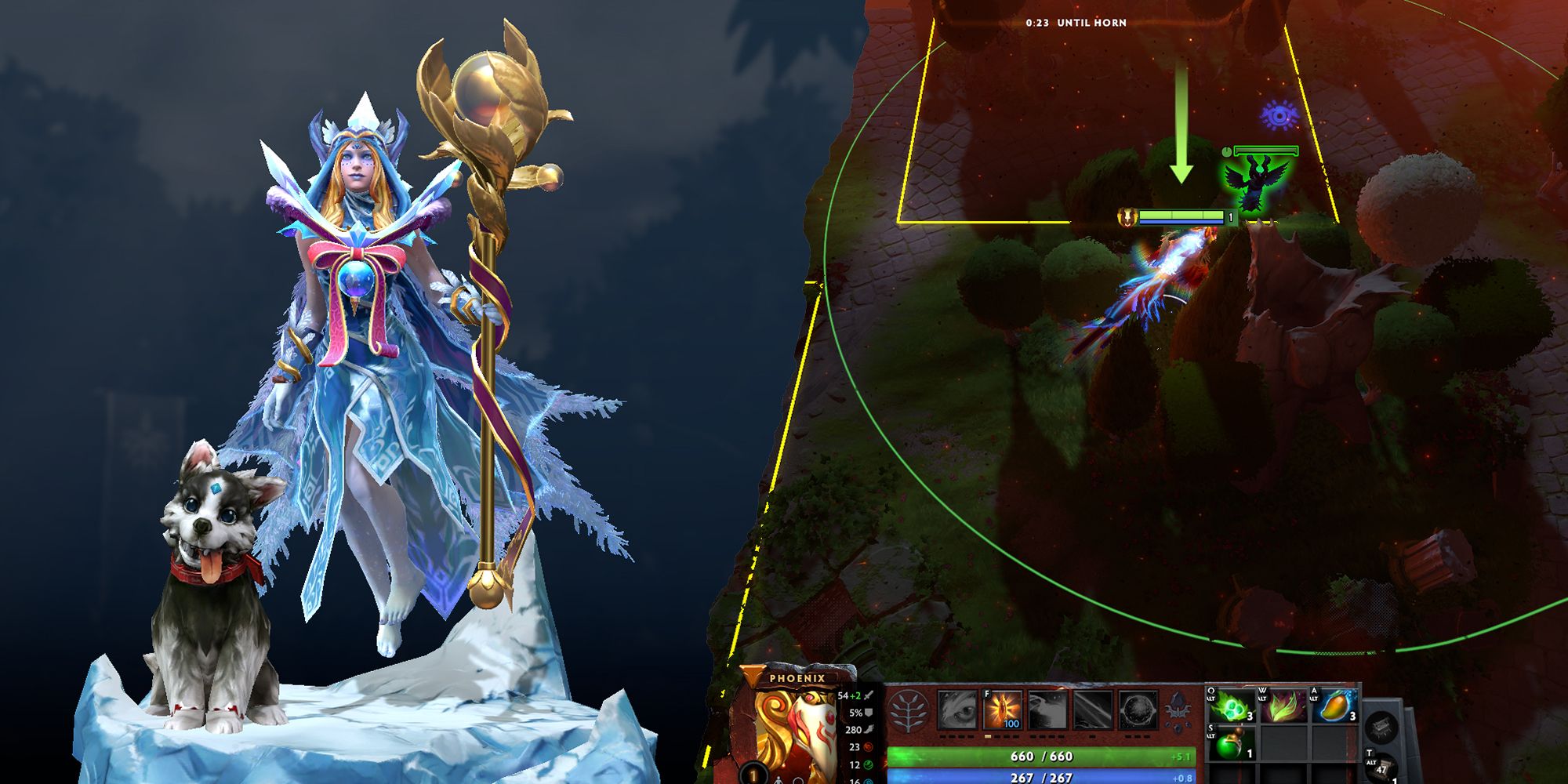Dota 2: Image of Support Hero (Crystal Maiden) and Phoenix blocking the enemy neutral camp before the game starts