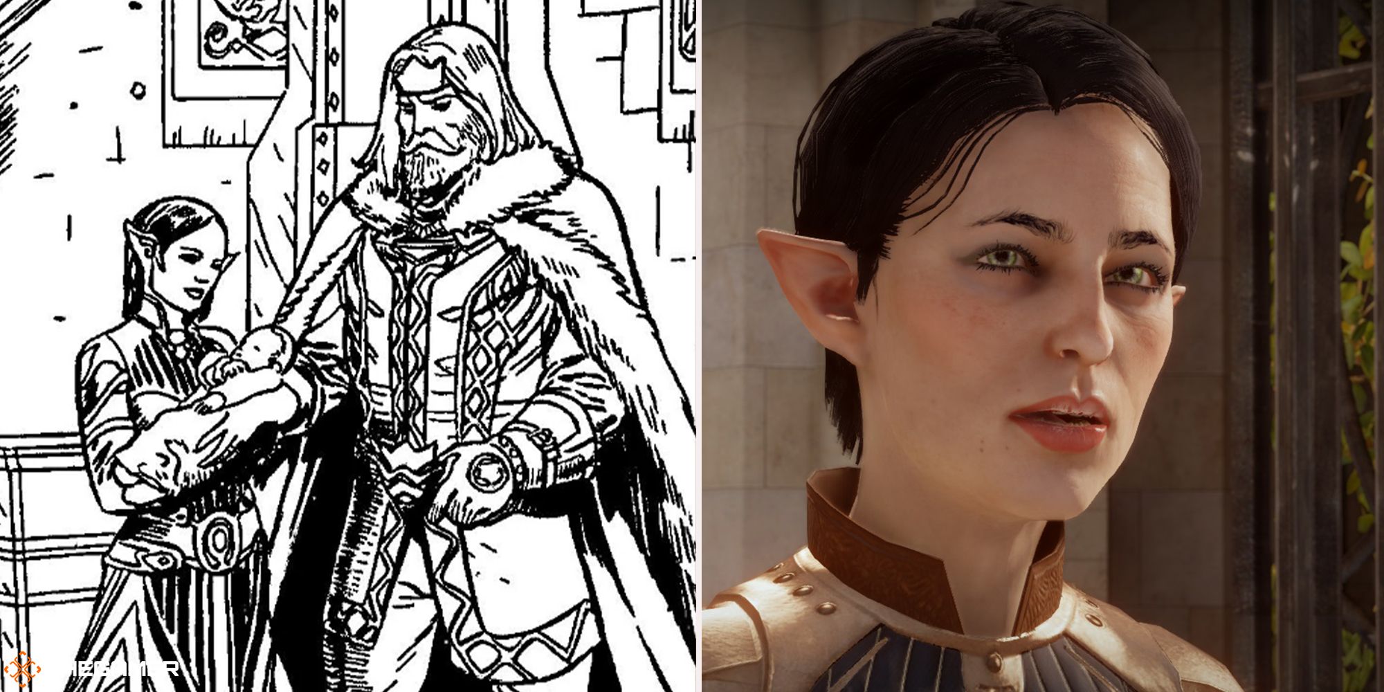 Dragon Age - Fiona and Maric holding Alistair (left), Fiona in DAI (right)