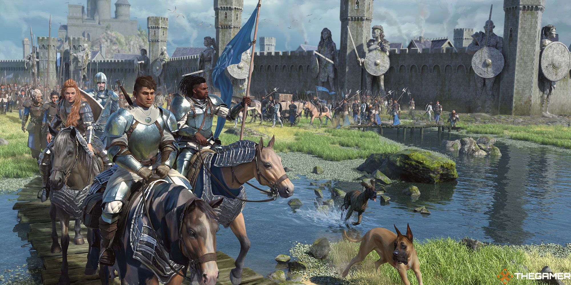 An army of knights is riding horses and starting a journey outside their castle.