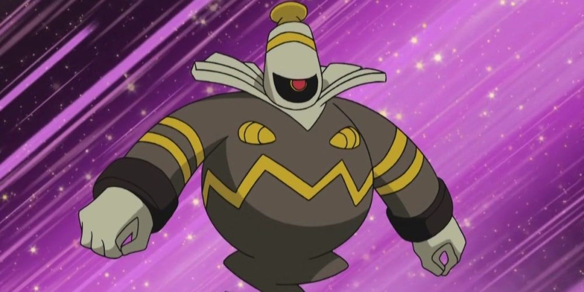 Pokemon Anime Ghost Type Dusknoir with pink background during combat