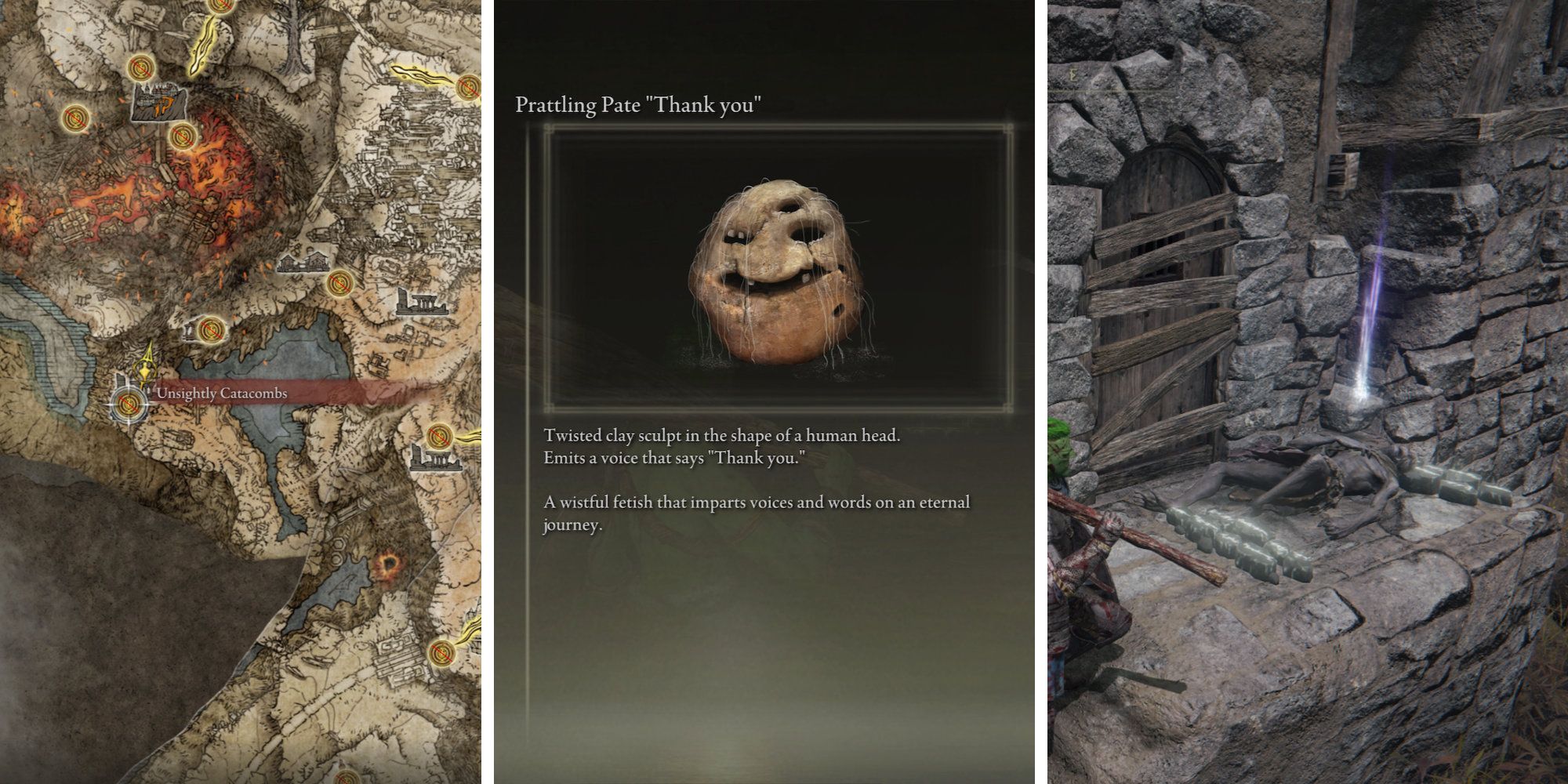 Split image of a map, a face-shaped stone, and of a stone building with an item on it.