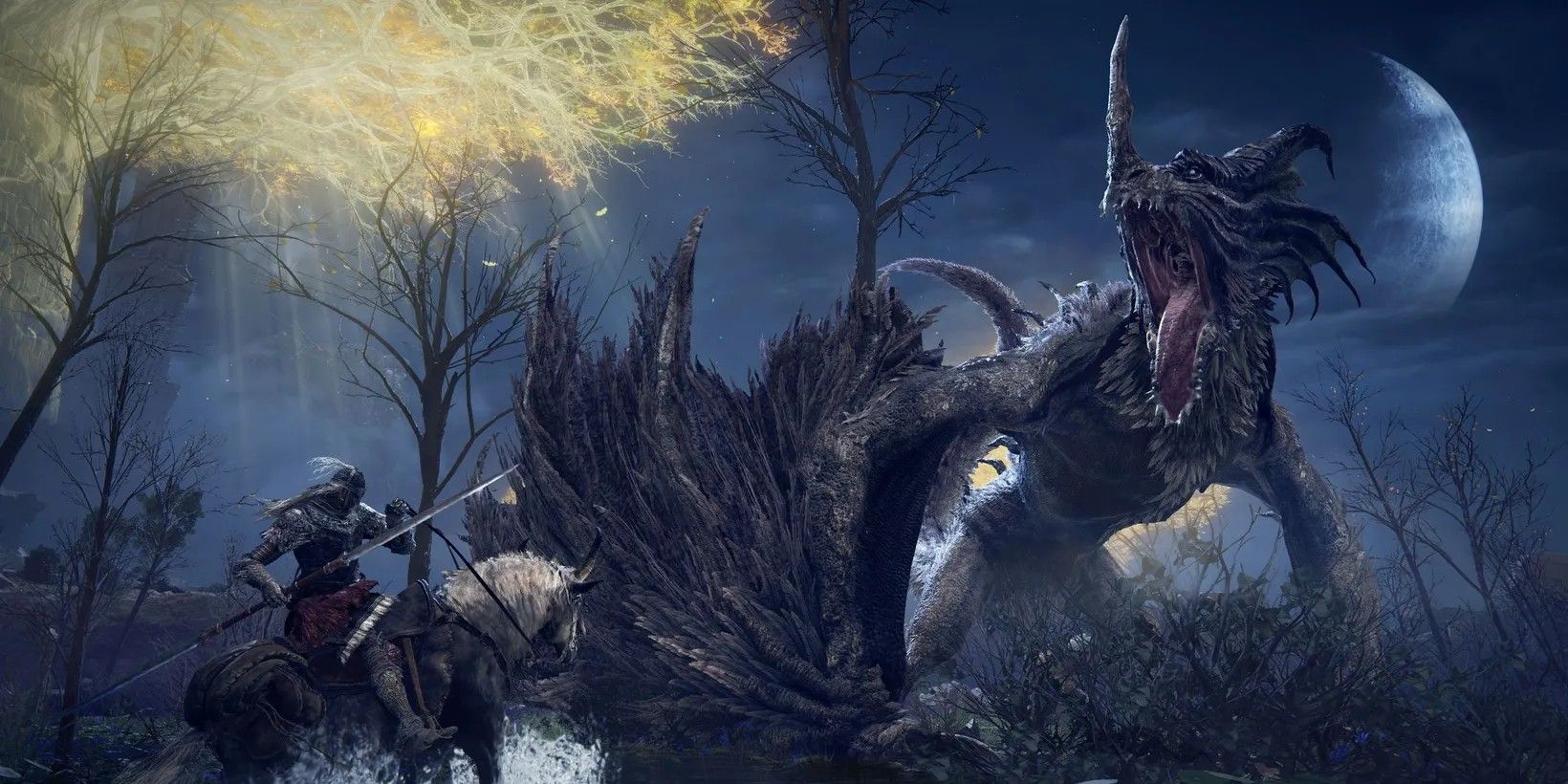 Elden Ring screenshot of the player engaging a dragon on horseback