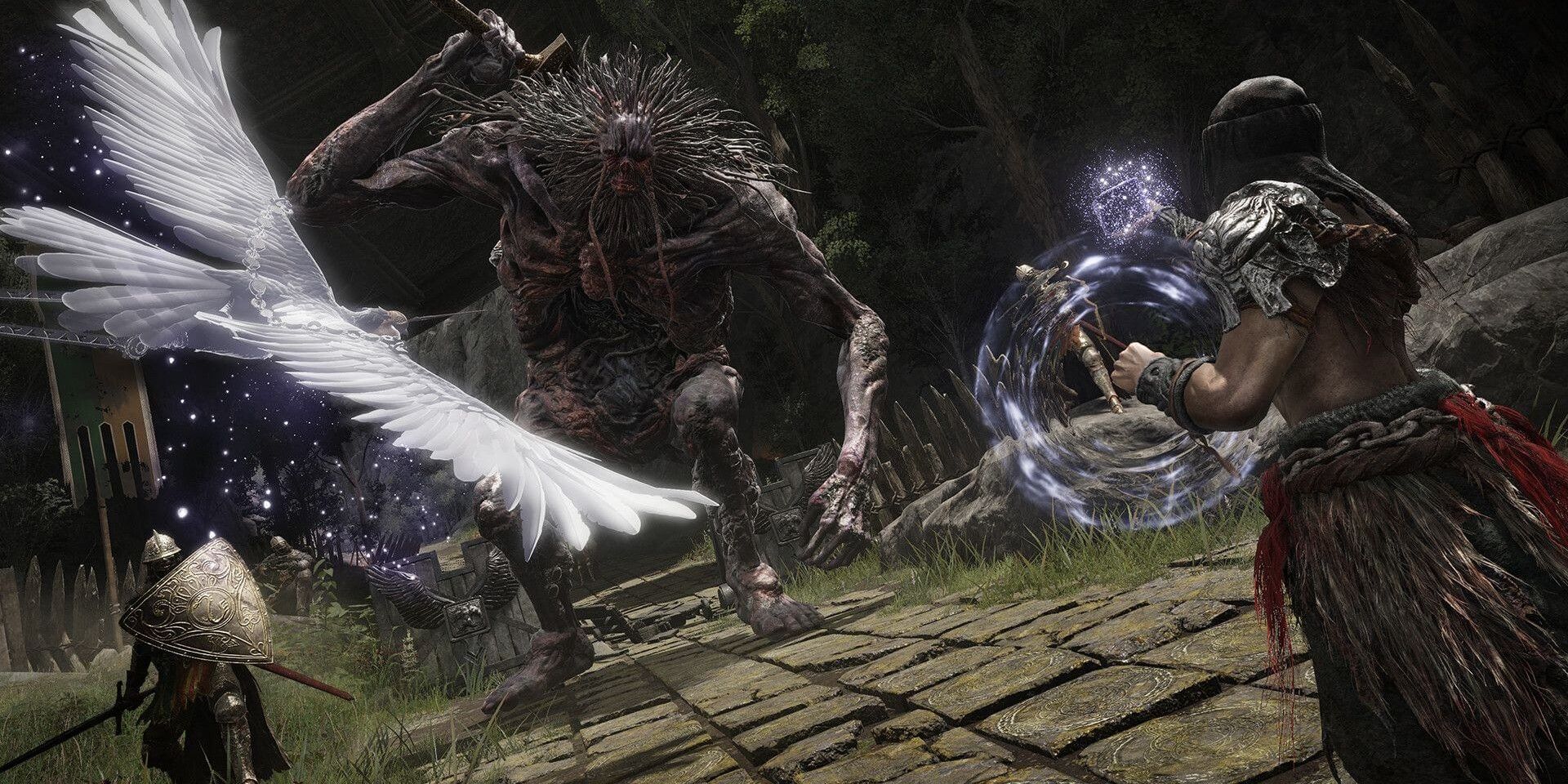 Elden Ring screenshot of the main character spellcasting against a giant