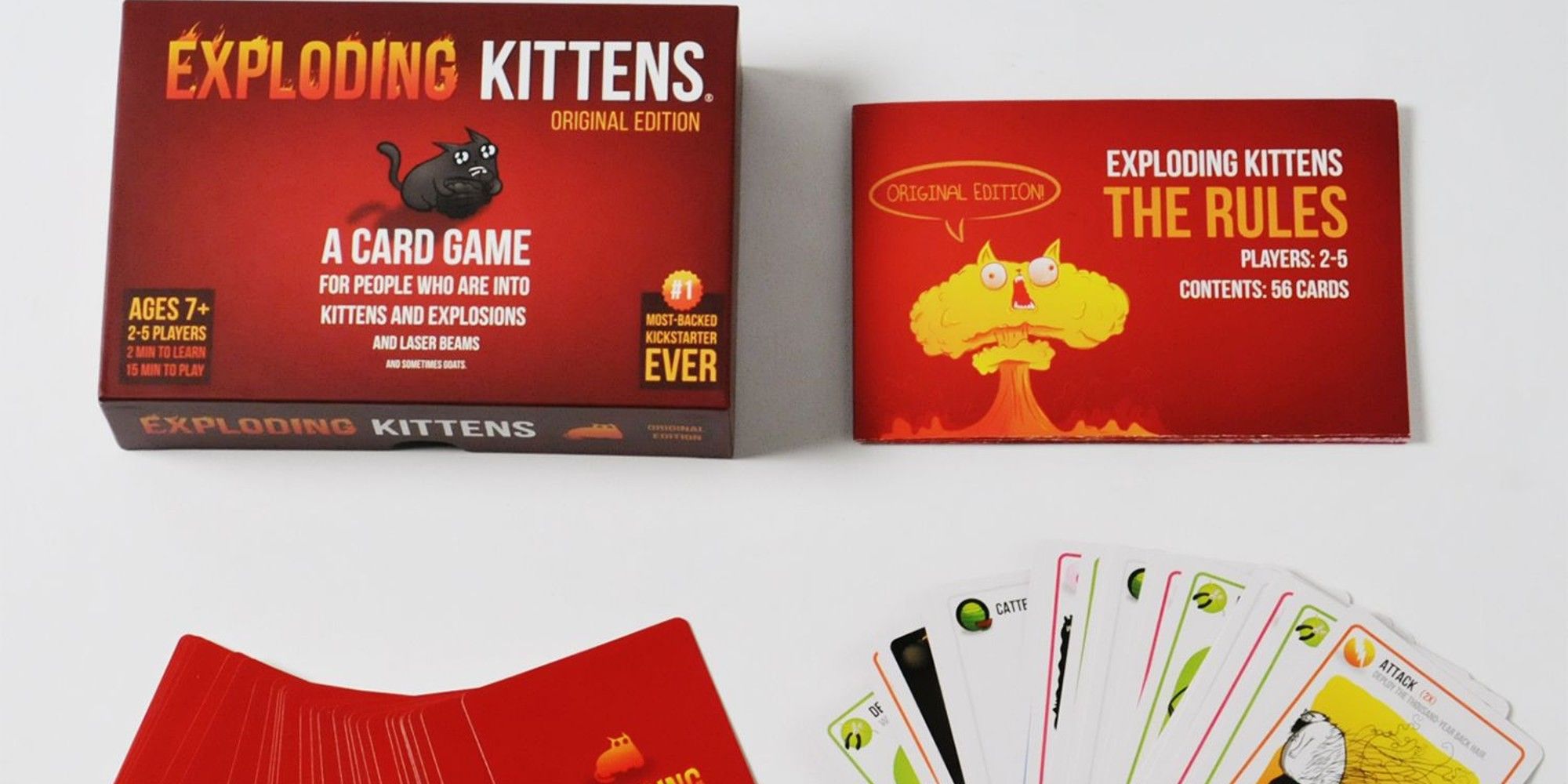 Exploding Kittens Board Game Box and Cards on White Background