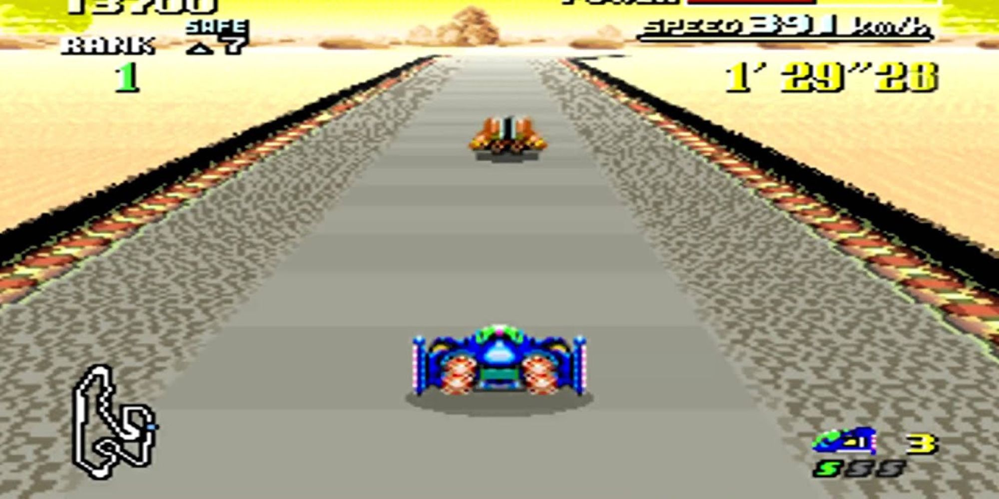 The Blue Falcon drives on the Sand Ocean track
