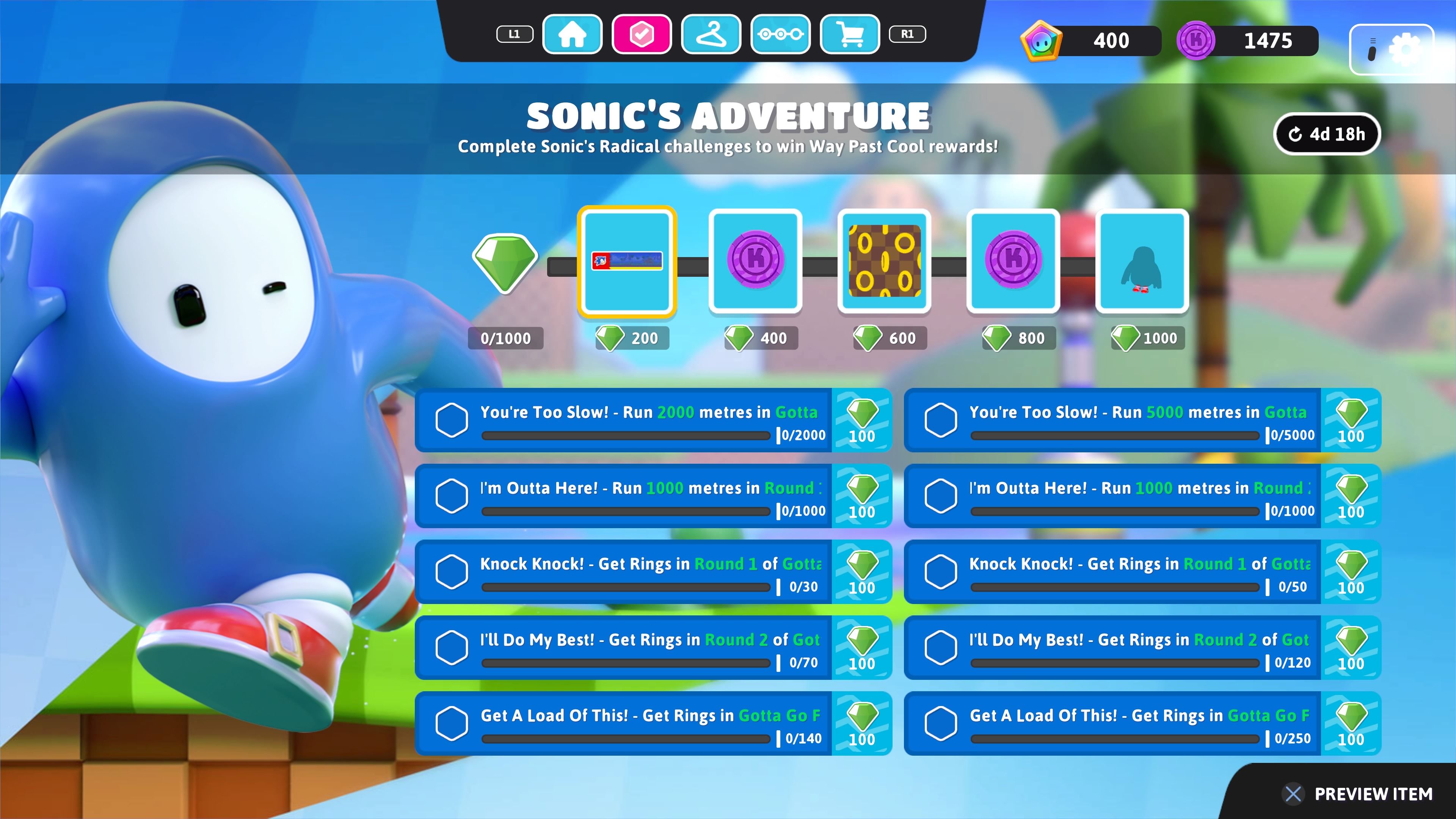 Sonic's Adventure Event Challenges and Rewards page from Fall Guys