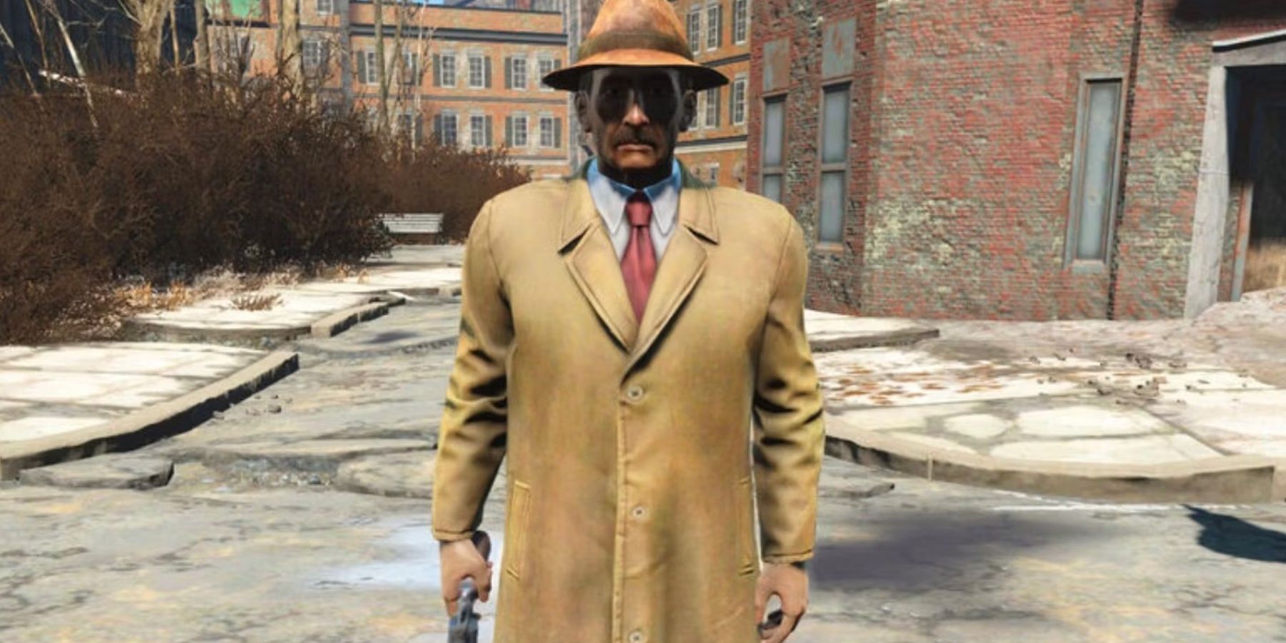 Fallout Random Encounters Mysterious Stranger stands ready with his revolver in Fallout 4.