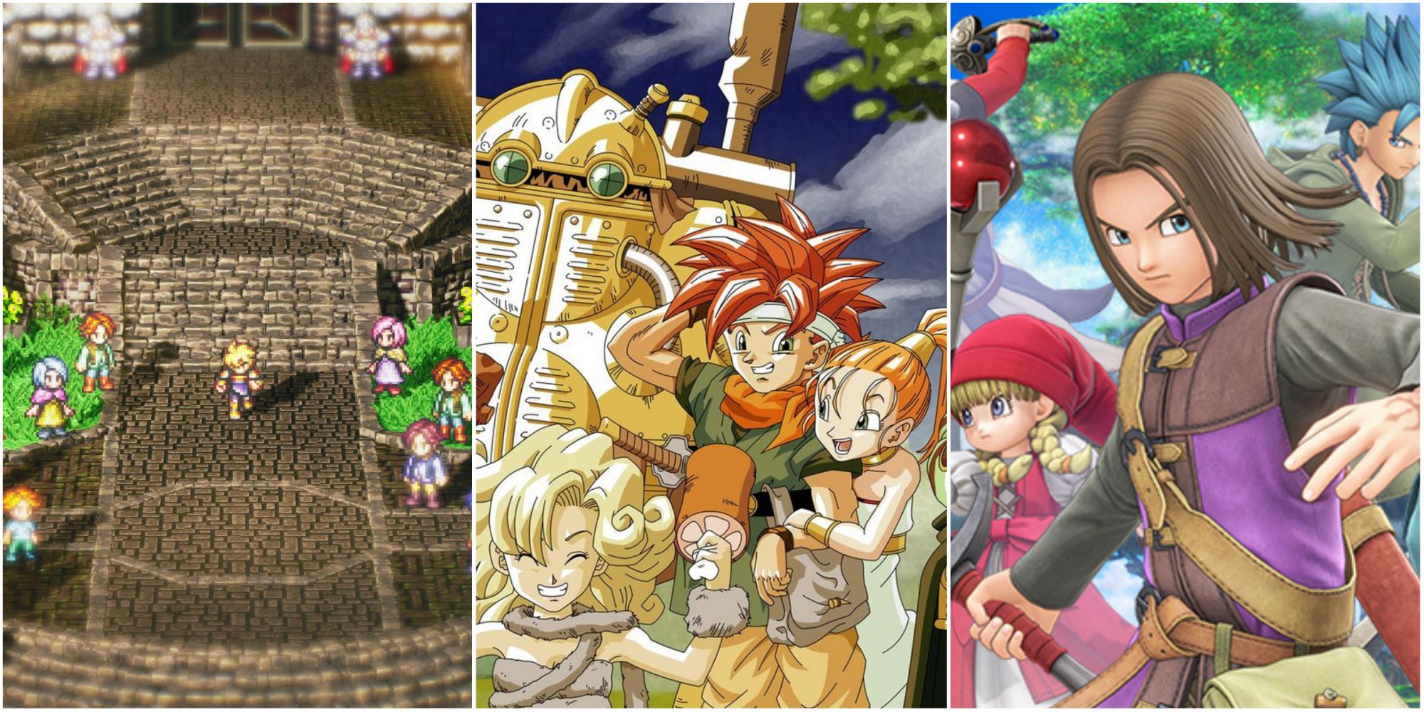 Split image screenshots of Live A Live, Chrono Trigger official art, and Dragon Quest XI official art.