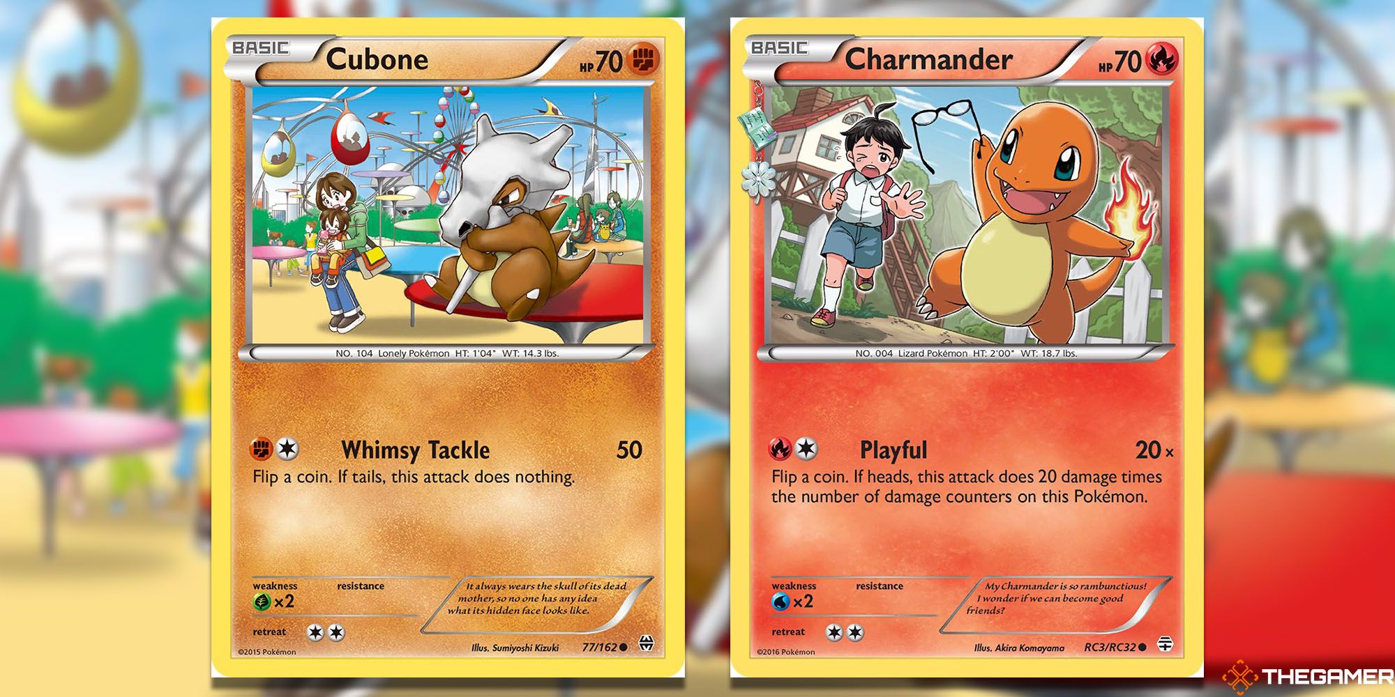 Cubone card (Breakthrough #77) and Charmander card (Generations #RC3).