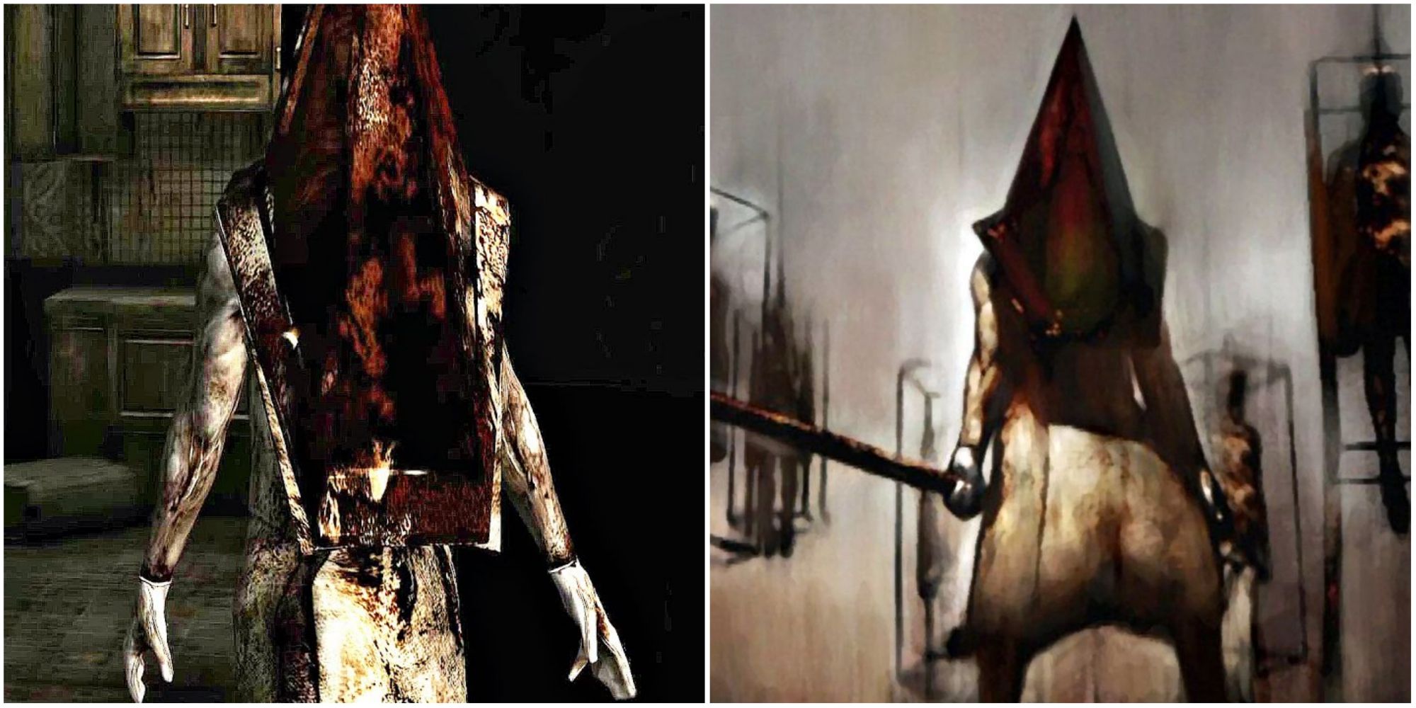 Two images size by side, showing Pyramid Head