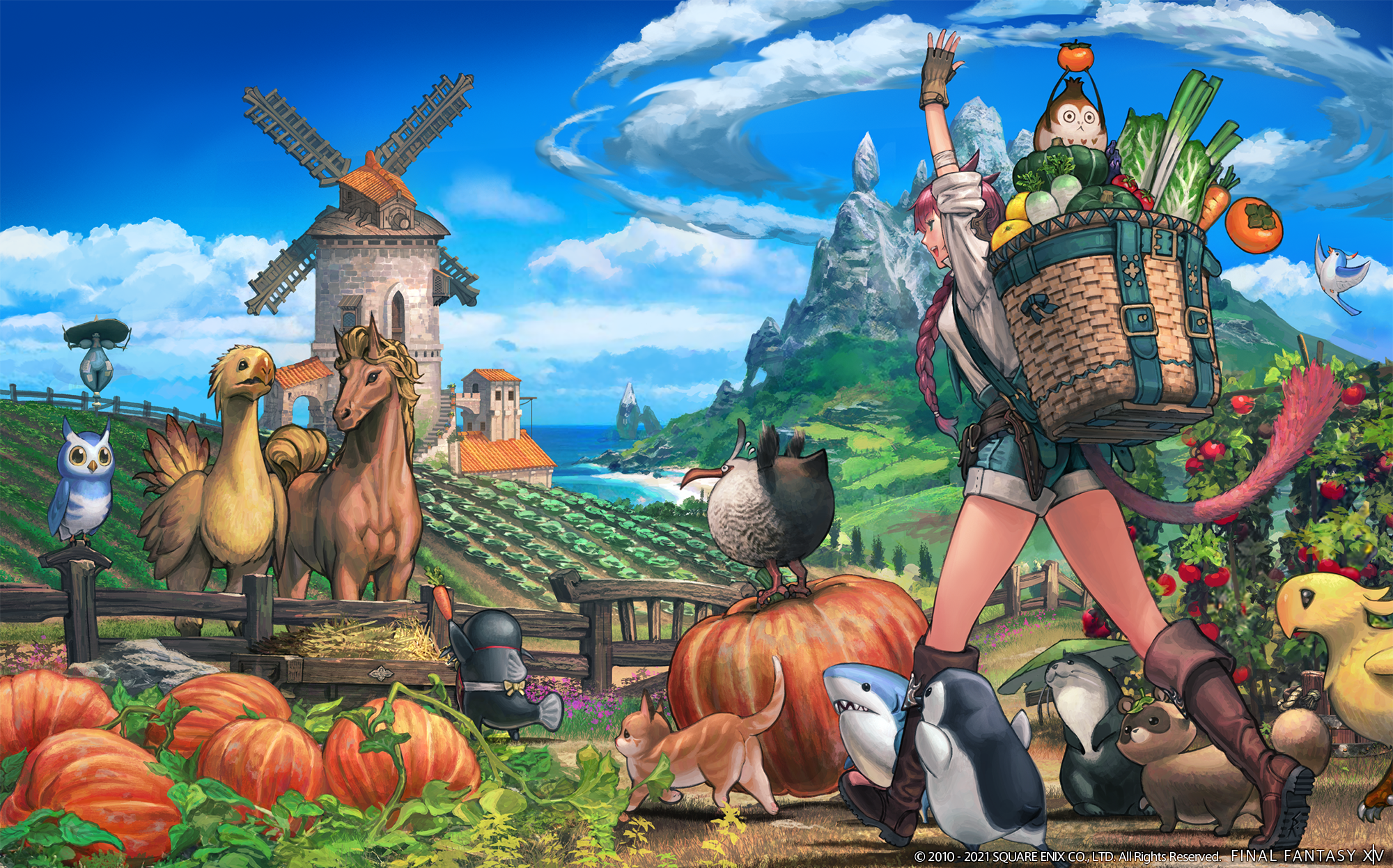 Final Fantasy 14 Island Sanctuary key artwork of player and minions near some horses