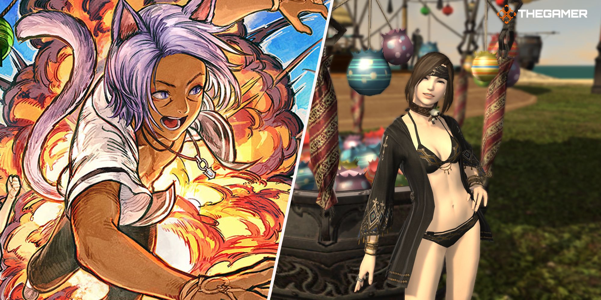 Final Fantasy 14 split image of Moonfire Faire artwork and player in Summer Sunset event gear