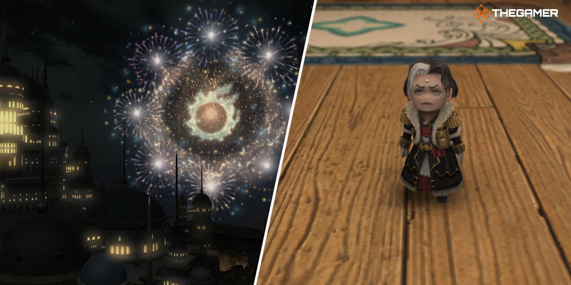 Final Fantasy 14 split image of The Rising fireworks and Clockwork Solus minion