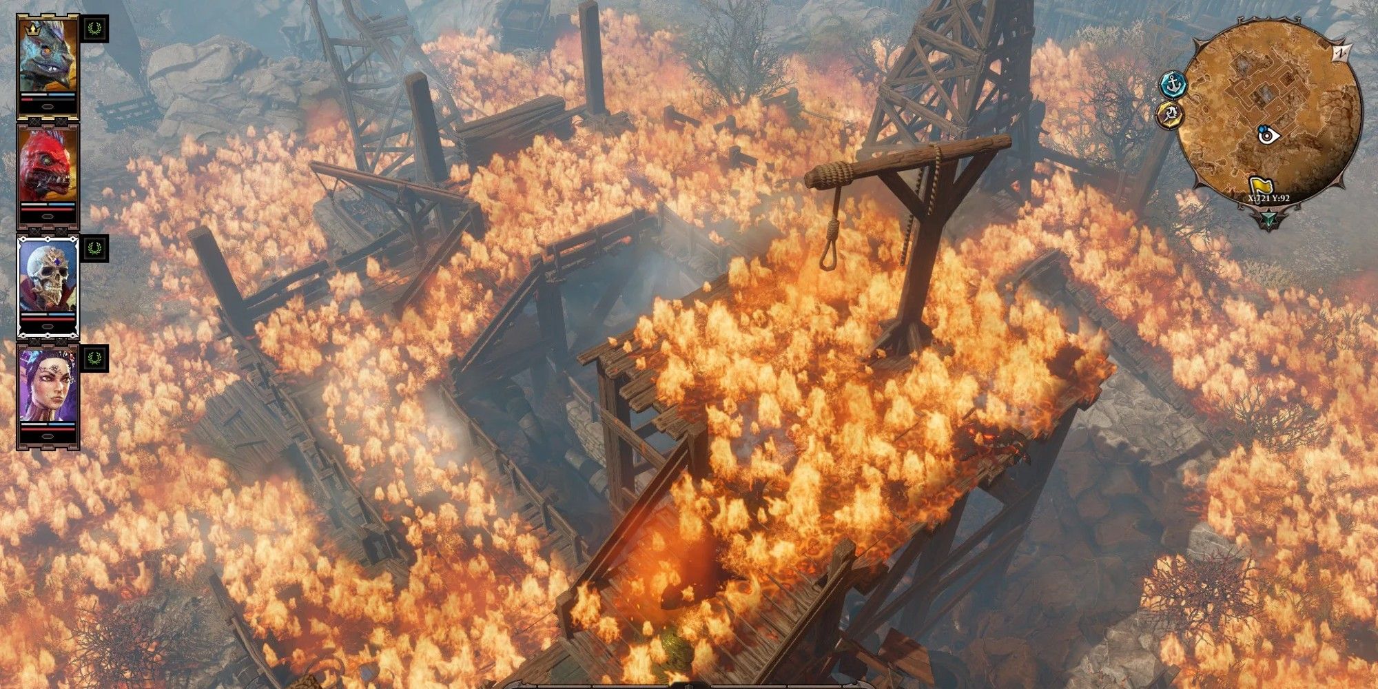 Divinity 2 fire covered battlefield near oil rig