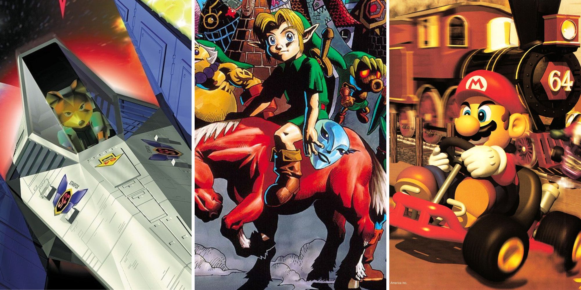 Fox drives the Arwing through space, Link holds a mask while riding Epona, Mario drives his kart past a train