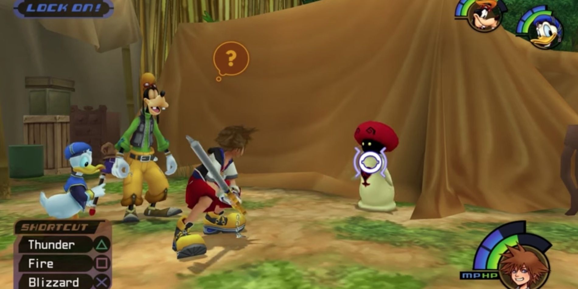 Sora locked onto a white mushroom in the campground in Deep Jungle, Tarzan's World