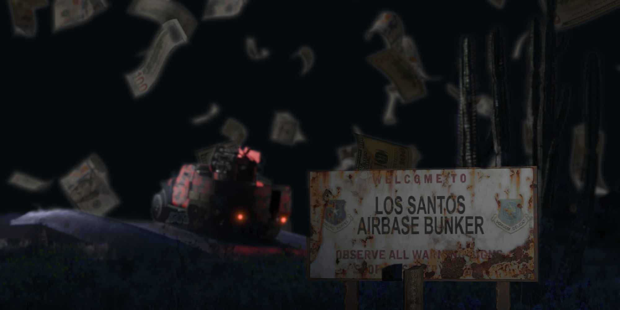 a bunker in gta online - night, it's in the background with an armoured truck parked outside