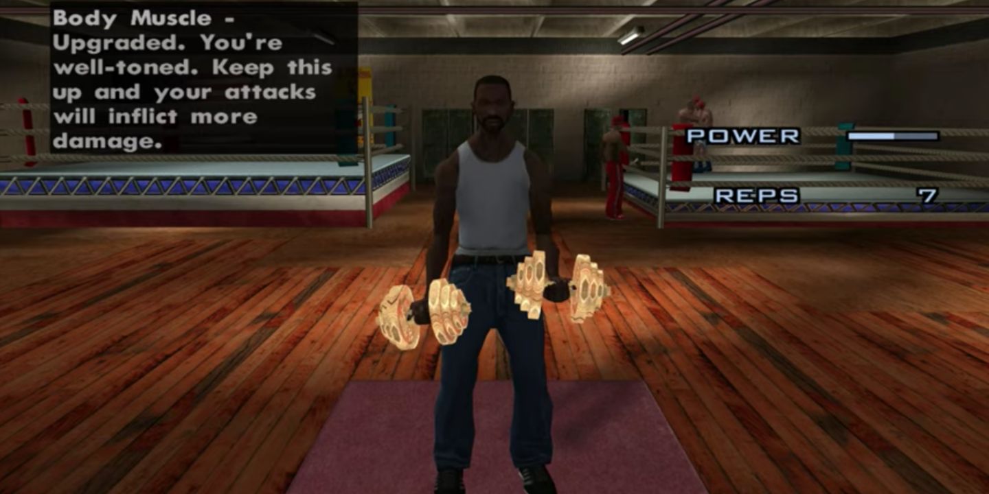 CJ lifting weights in the gym in GTA: San Andreas