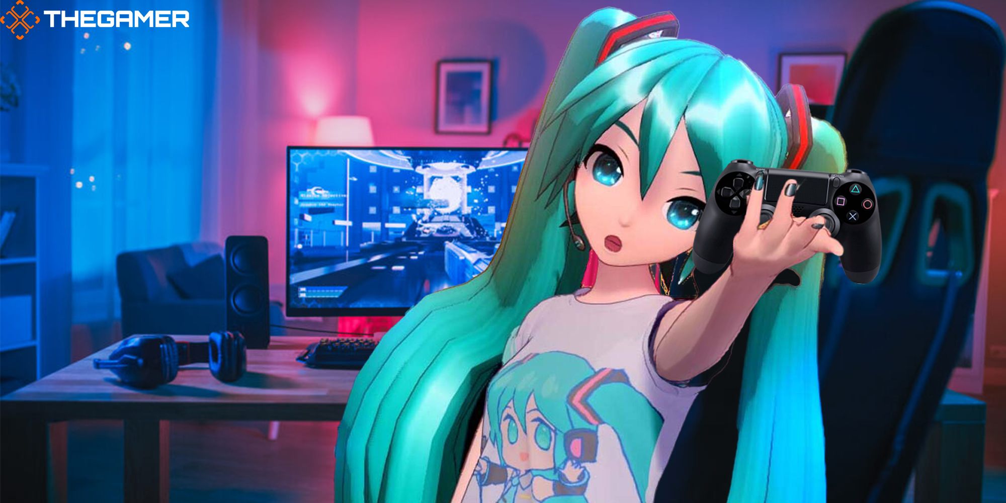 Hatsune Miku holds a Dualshock 4 controller in front of a gaming PC setup.