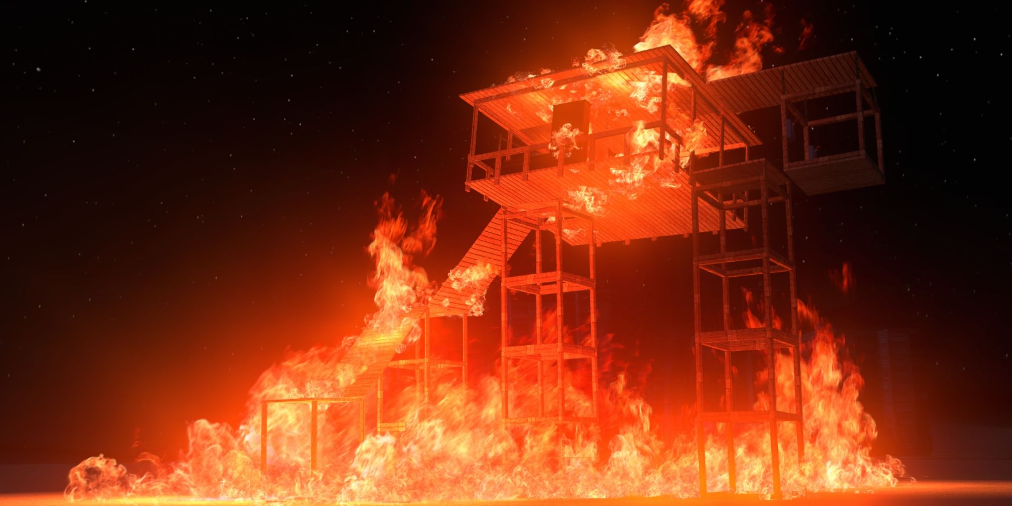 a tall, wooden structure completely engulfed in bright orange flames