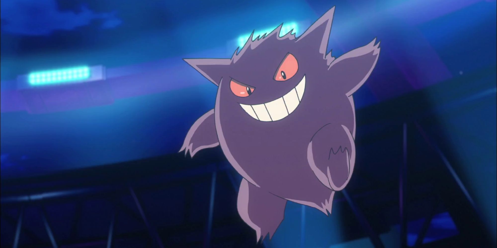 Gengar jumps in the air in a dark stadium