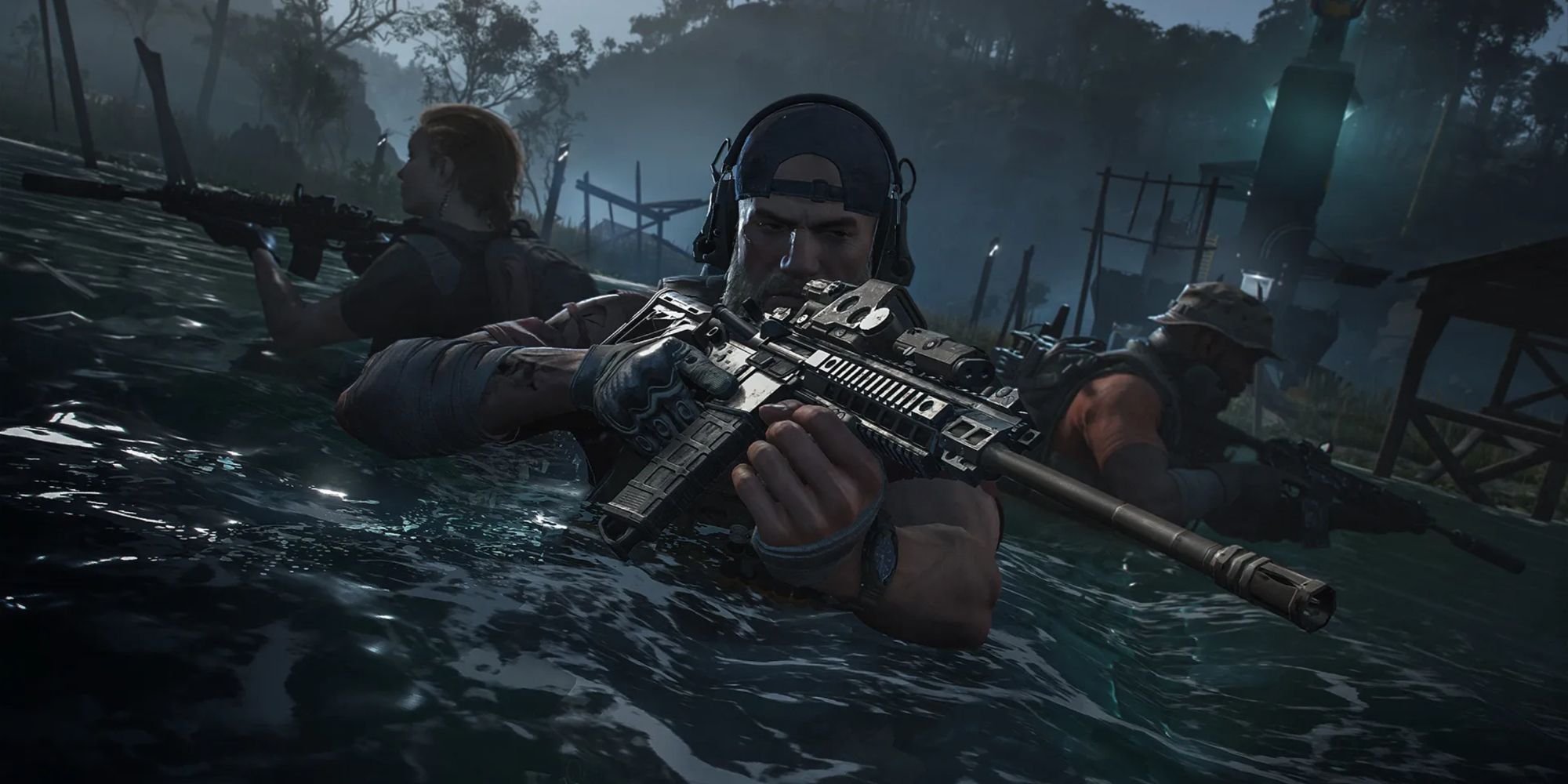 Squad aiming their weapons while wading through water in Ghost Recon Breakpoint