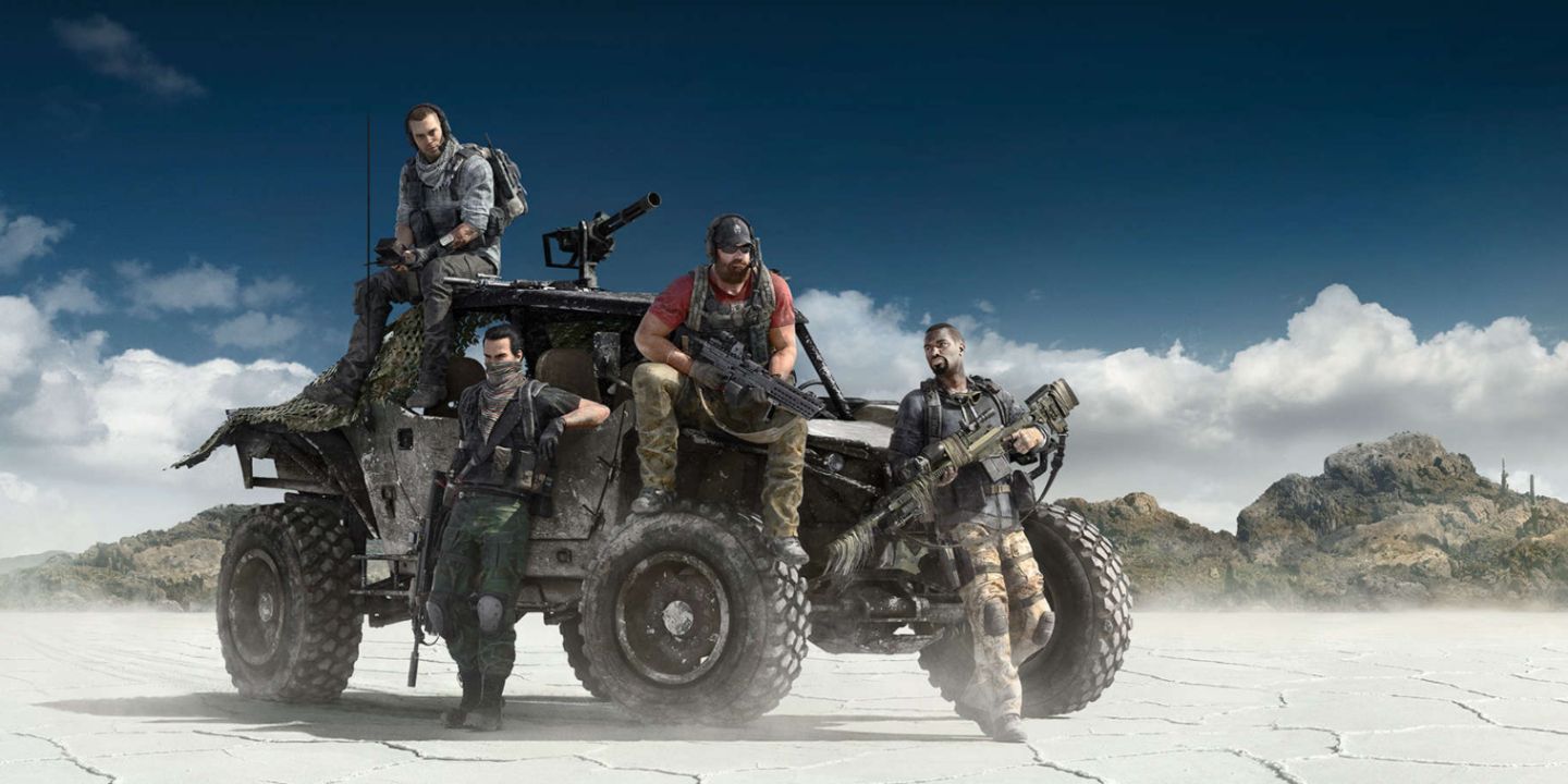 Four members of Ghost squad sitting and leaning on a buggie in a wide-open landscape in Ghost Recon Wildlands
