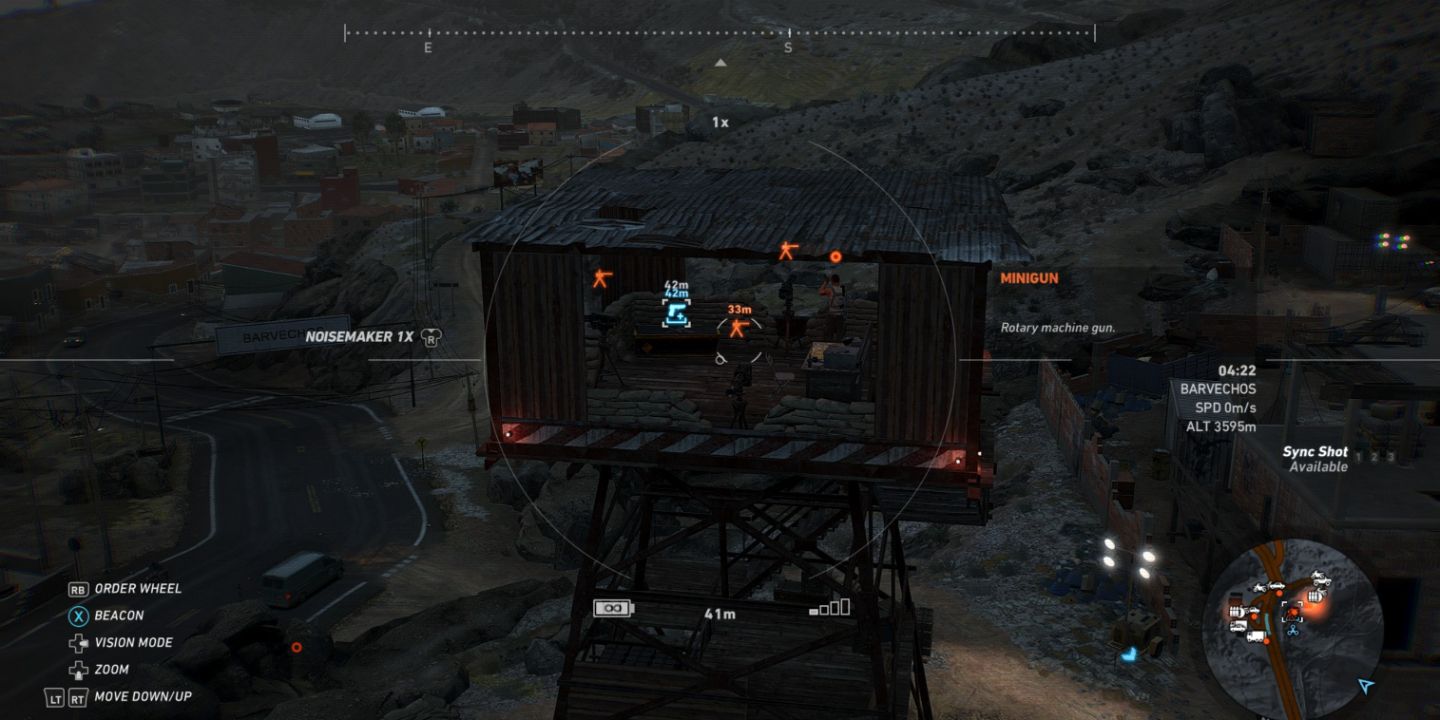 Scouting and marking enemies at a base from the drone's point of view in Ghost Recon Wildlands