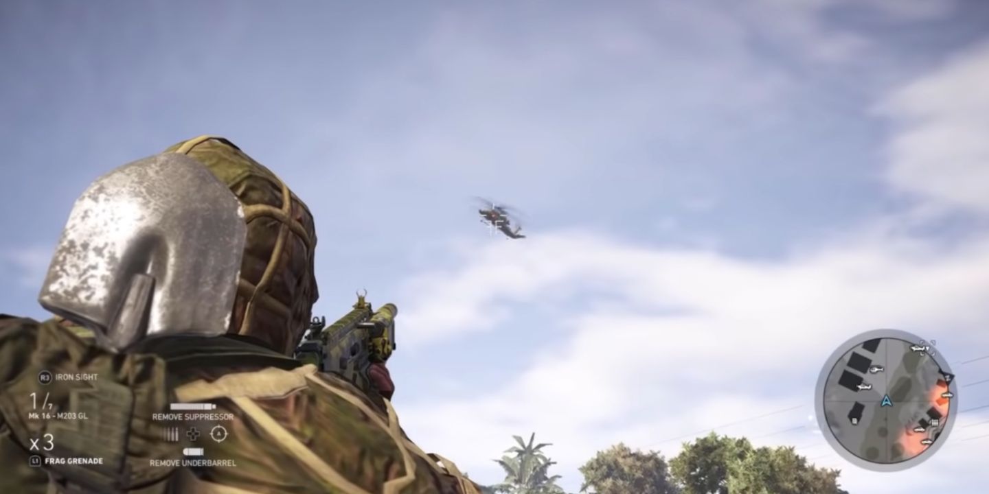 Soldier aiming grenade launcher at helicopter in Ghost Recon Wildlands