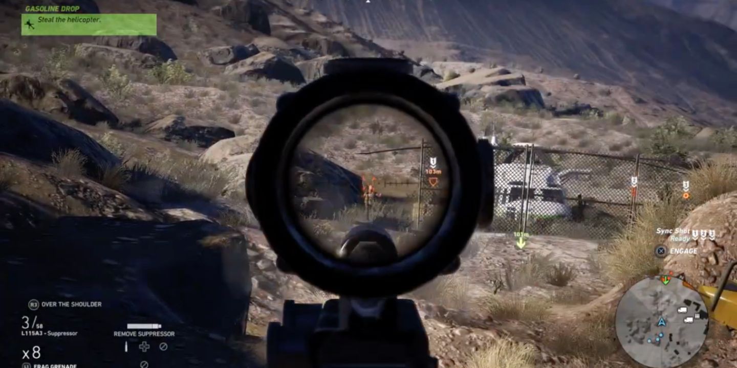 Player aiming down crosshairs for sync shot in Ghost Recon Wildlands