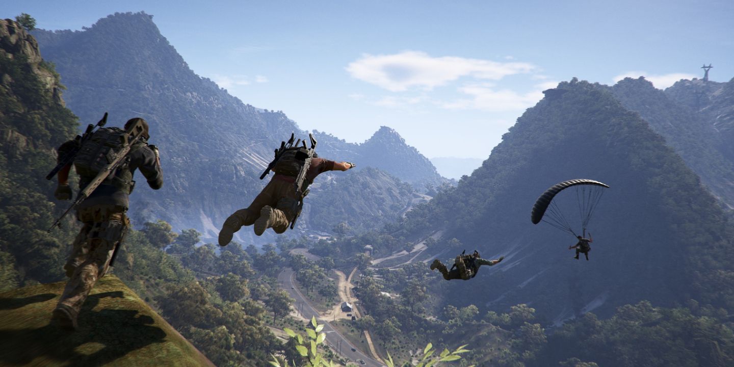 Ghosts squad base jumping off a cliff with tropical landscape in the distance in Ghost Recon Wildlands