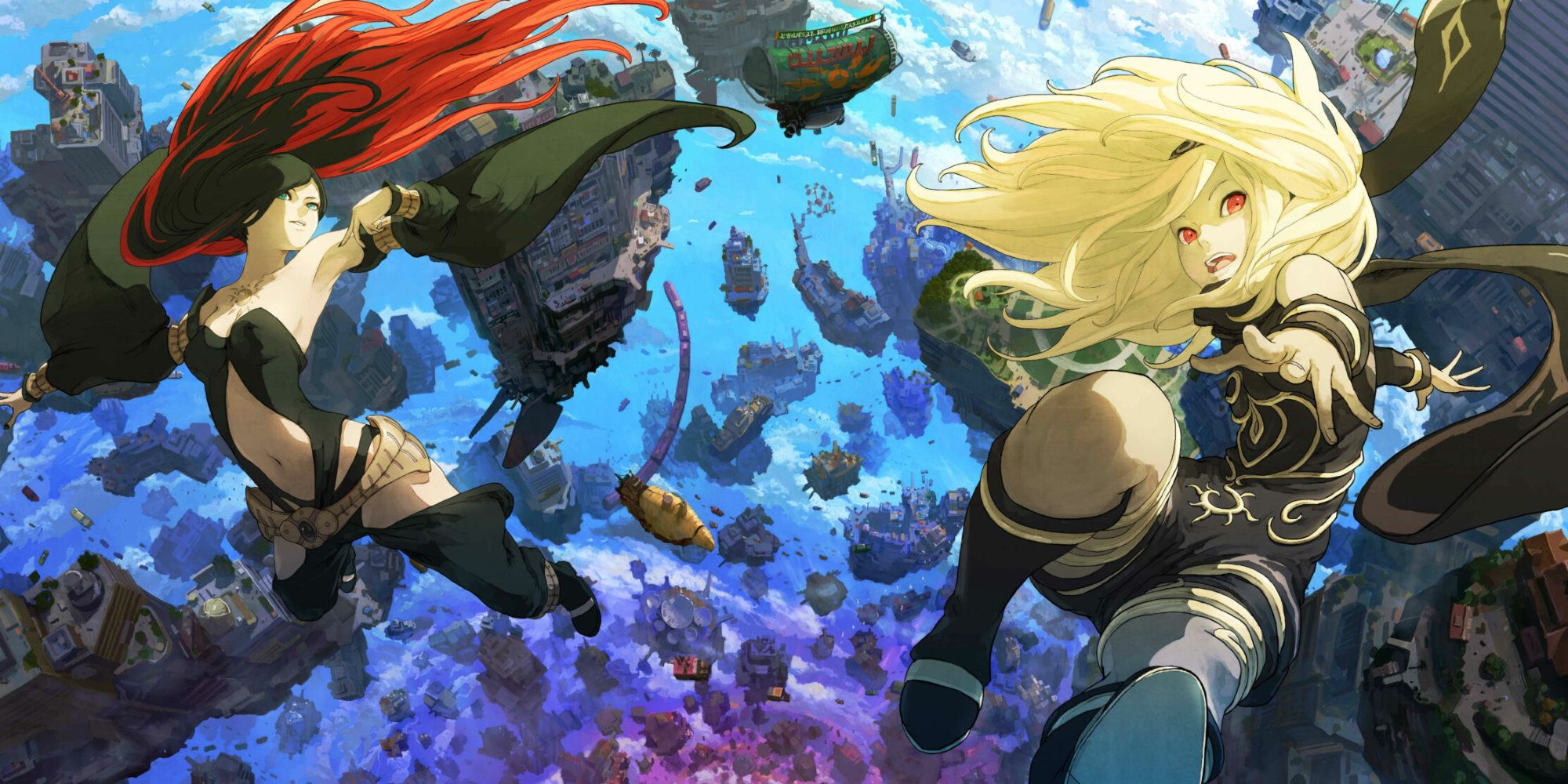 Gravity Rush 2 Promo Image Of Two Main Characters Floating Through Sky