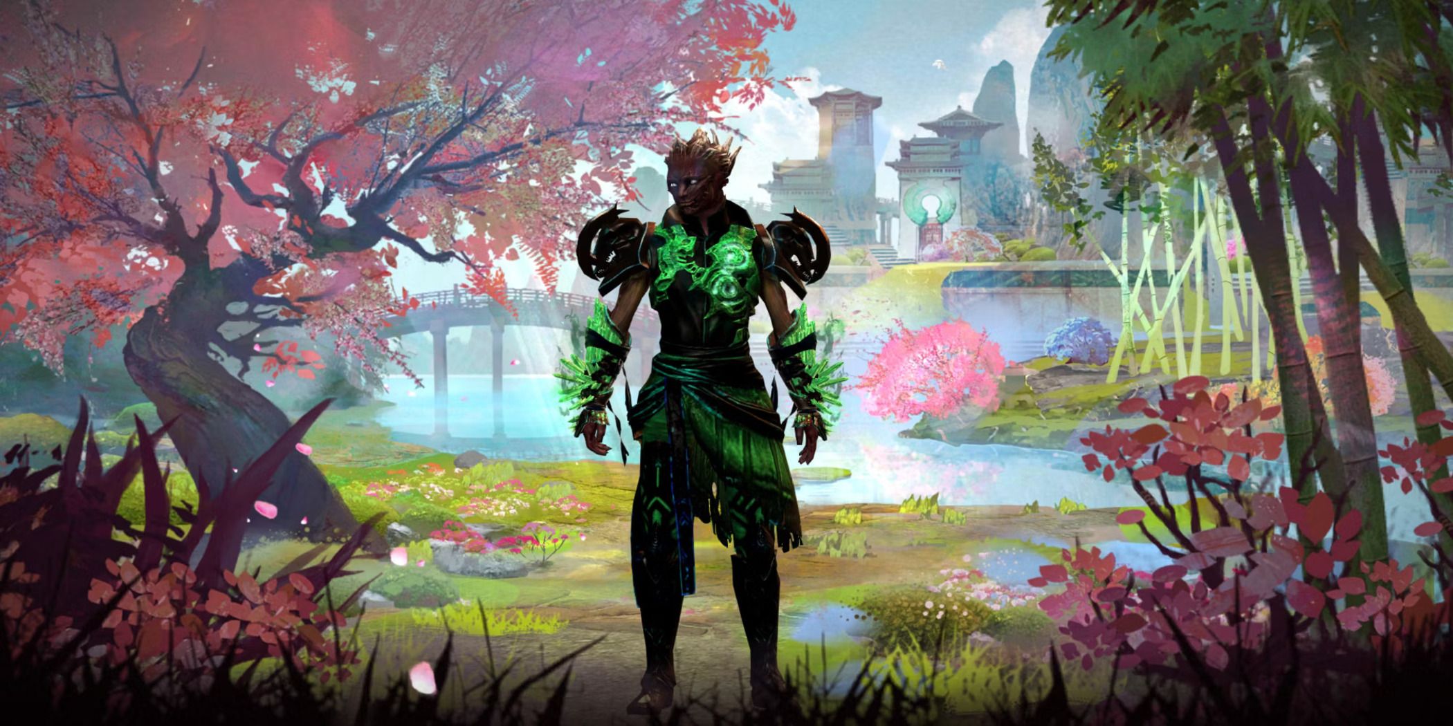 A screenshot of the Guild Wars 2 login screen showing a Sylvari Necromancer in a Canthan Background.