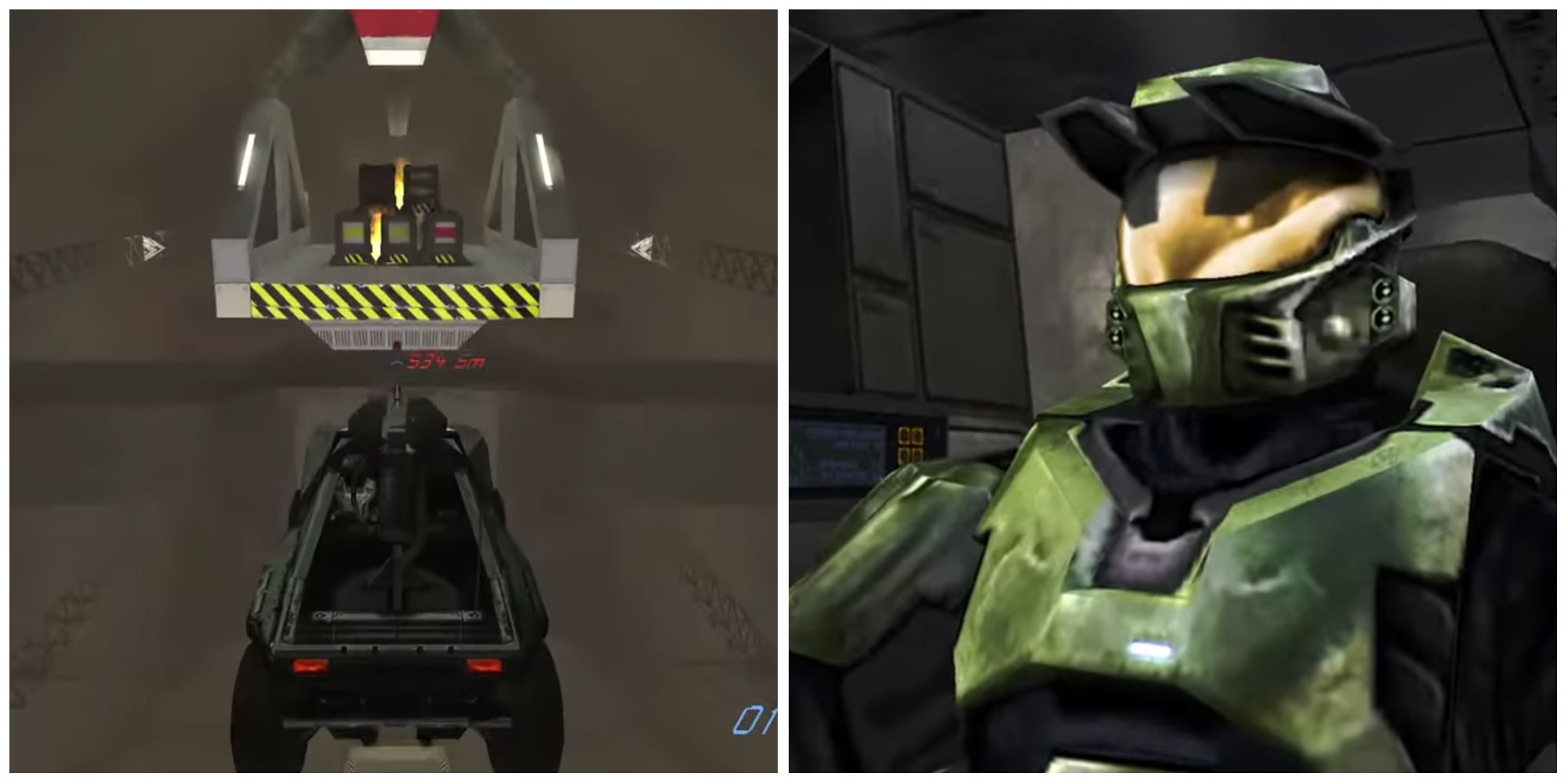 Collage of the final Pillar of Autumn Warthog run and Master Chief in the end cutscene in Halo Combat Evolved