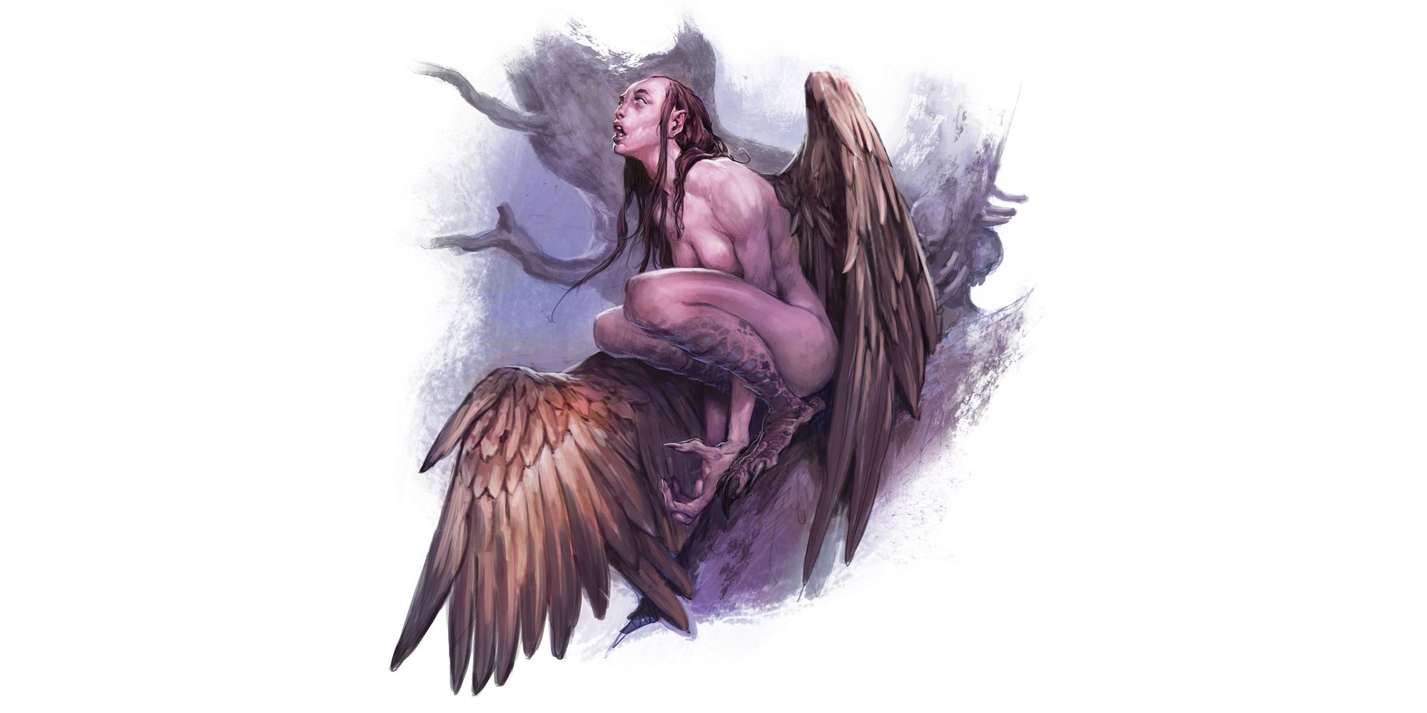 Half human, half bird harpy sitting on a rock