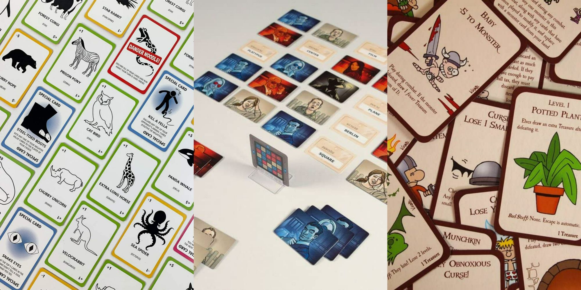 Split Image showing cards from Danger Noodle, Codenames, and Munchkin