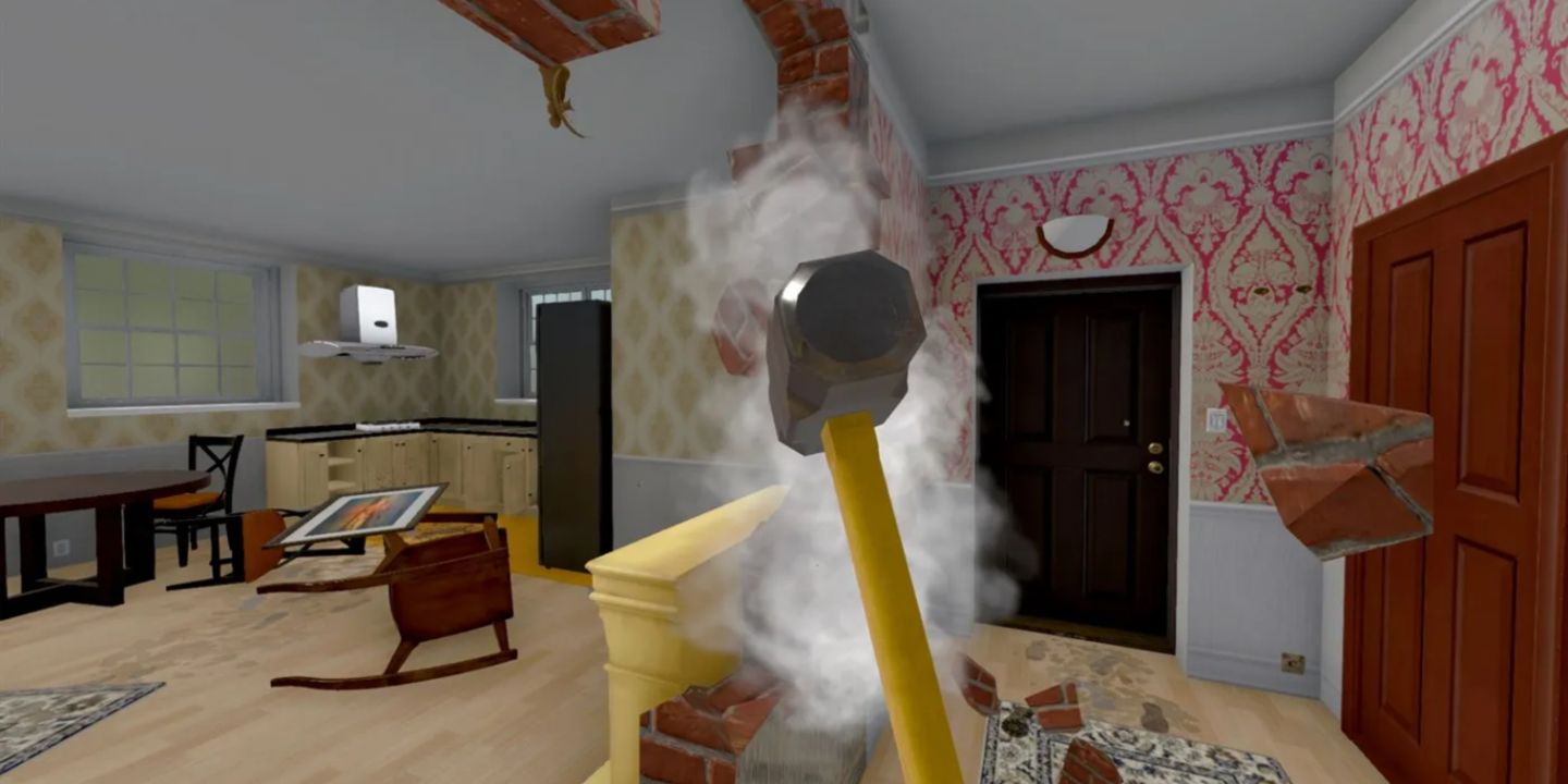 Smashing a wall with a sledgehammer in a house in House Flipper