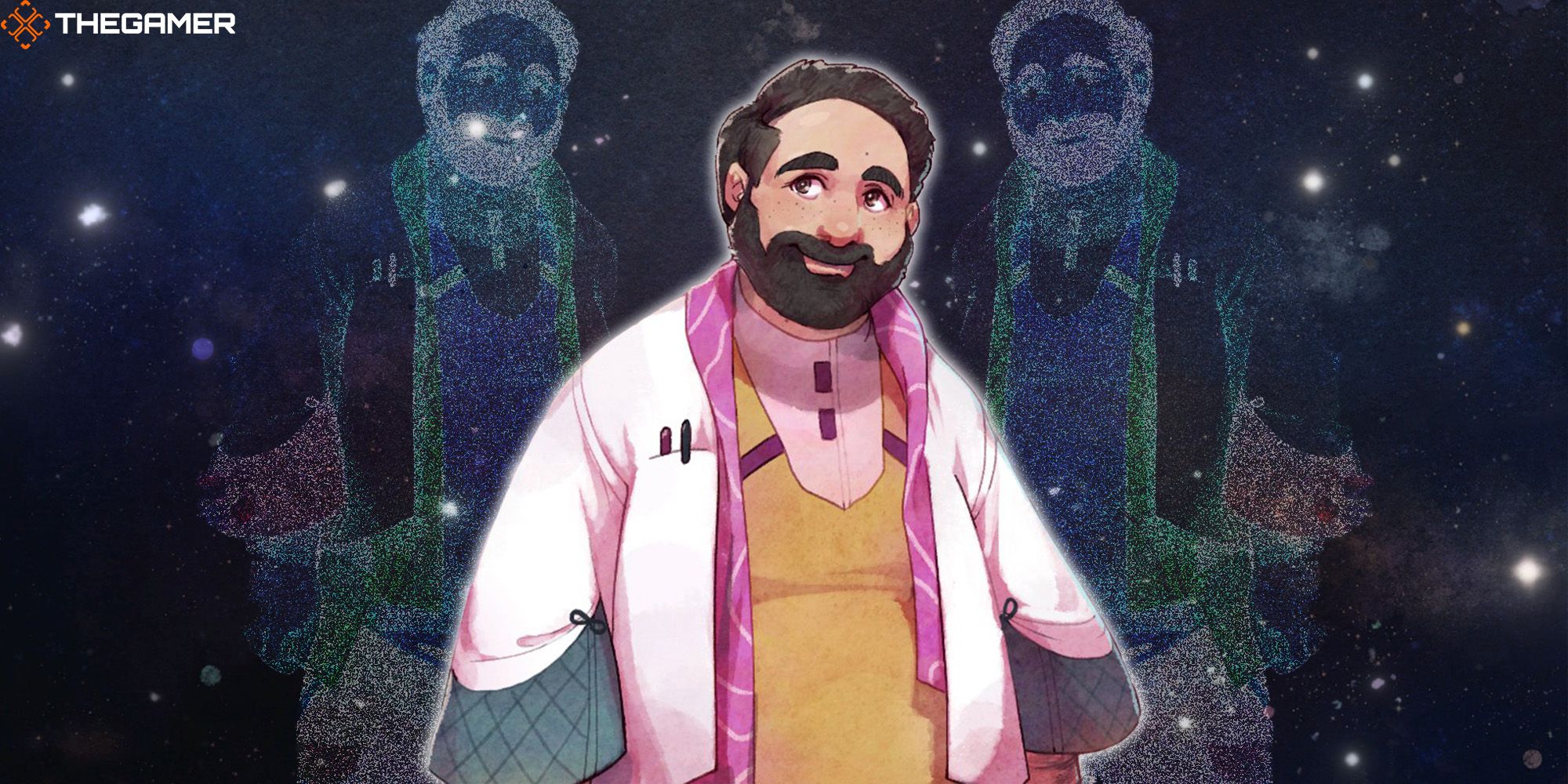 Professor Hal stands in a cosmic realm, alongside two shadows of himself, in this custom image for I Was A Teenage Exocolonist.