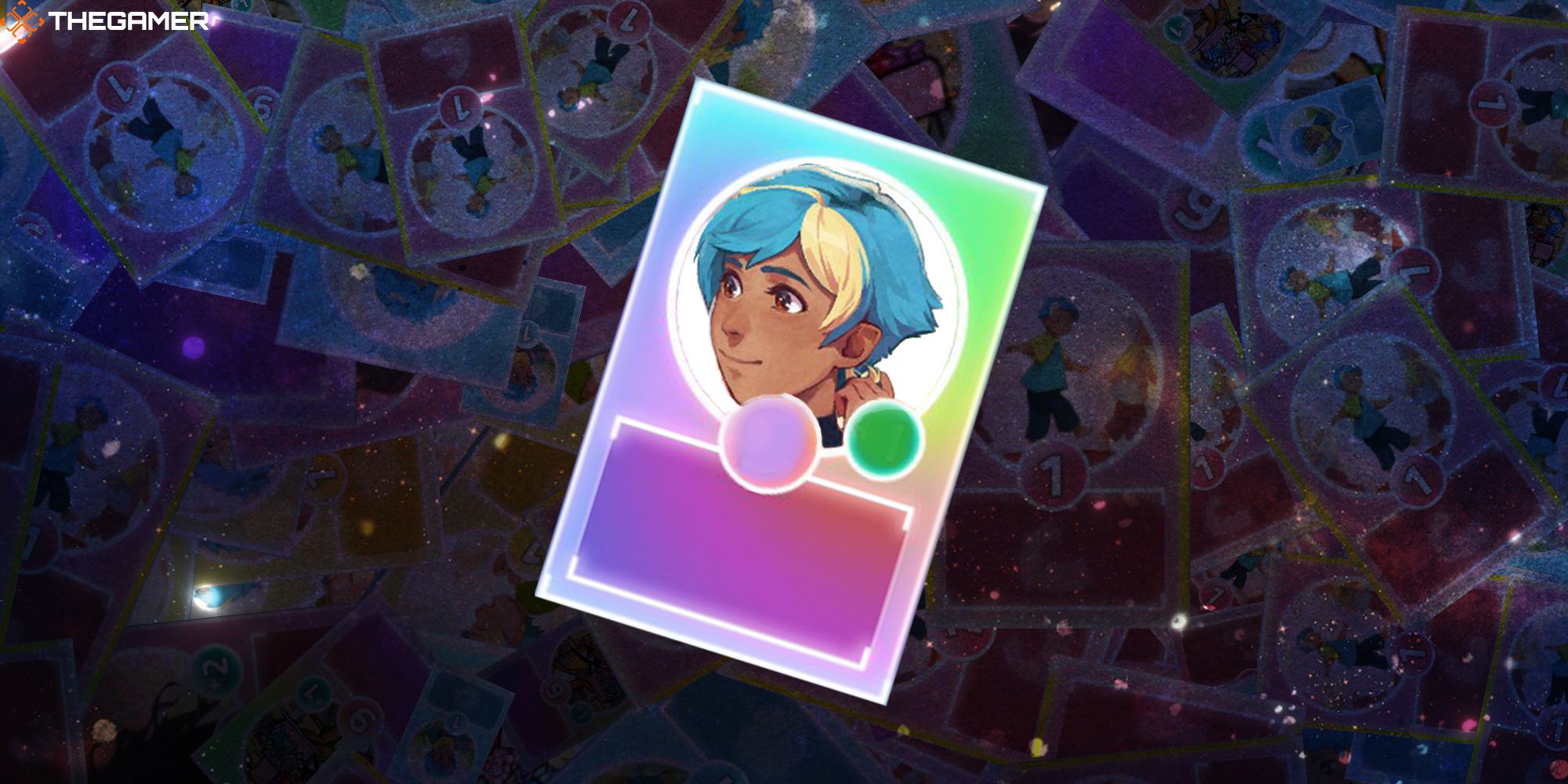 A card with the blue-haired protagonist's face on it floats in a universe of cards from I Was A Teenage Exocolonist.