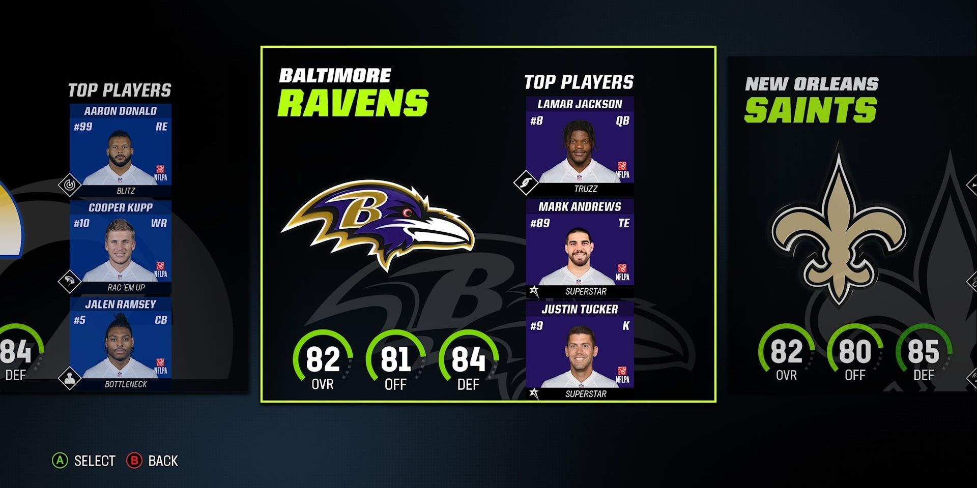 Ravens team selection screen in Madden 23 Franchise Mode