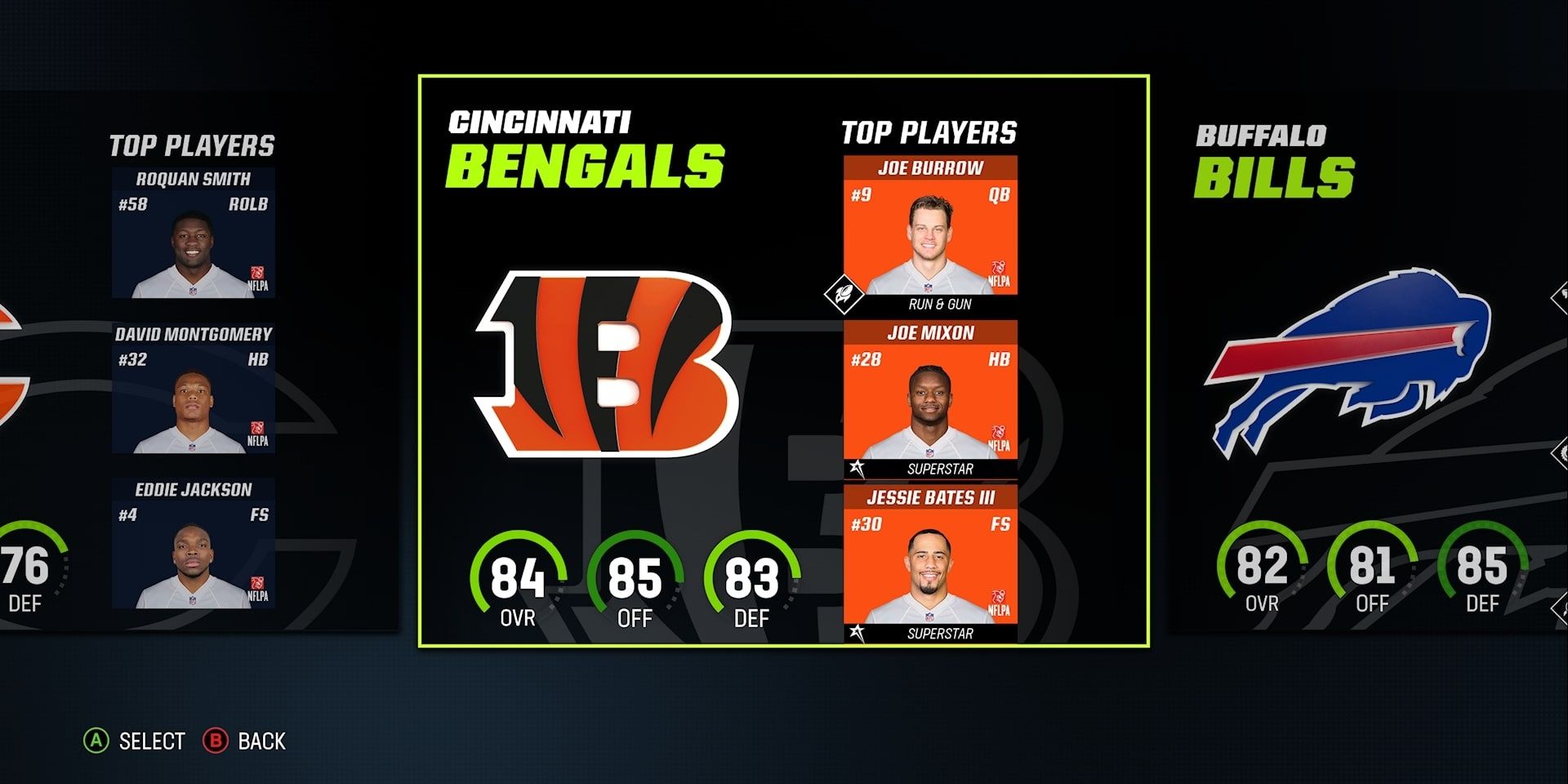 Bengals team selection screen in Madden 23 Franchise Mode