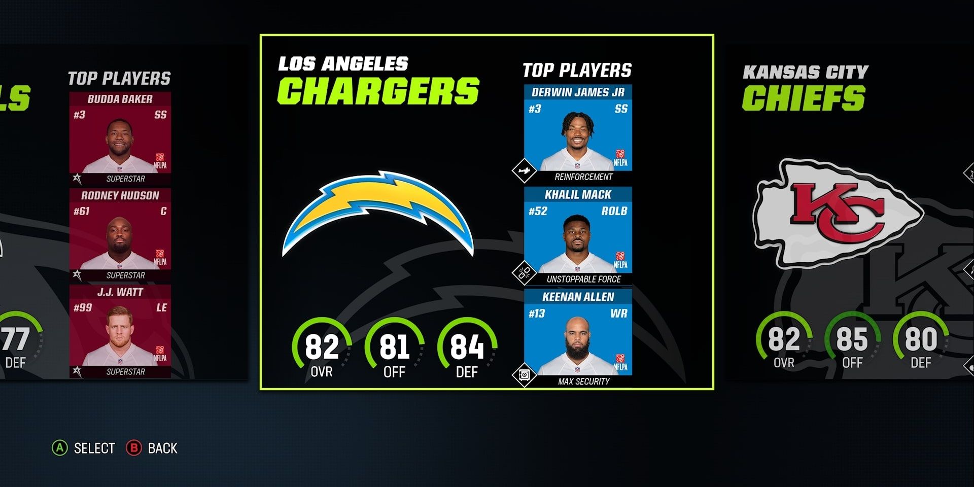 Chargers team selection screen in Madden 23 Franchise Mode