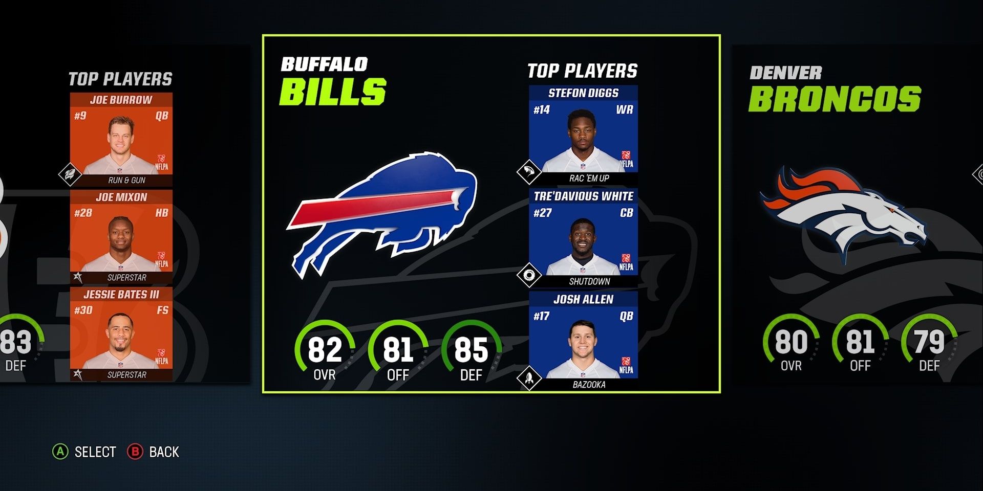 Bills team selection screen in Madden 23 Franchise Mode