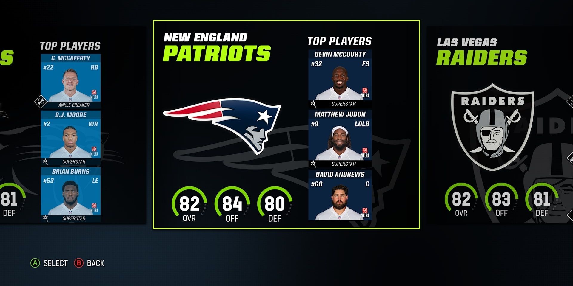 Patriots team selection screen in Madden 23 Franchise Mode