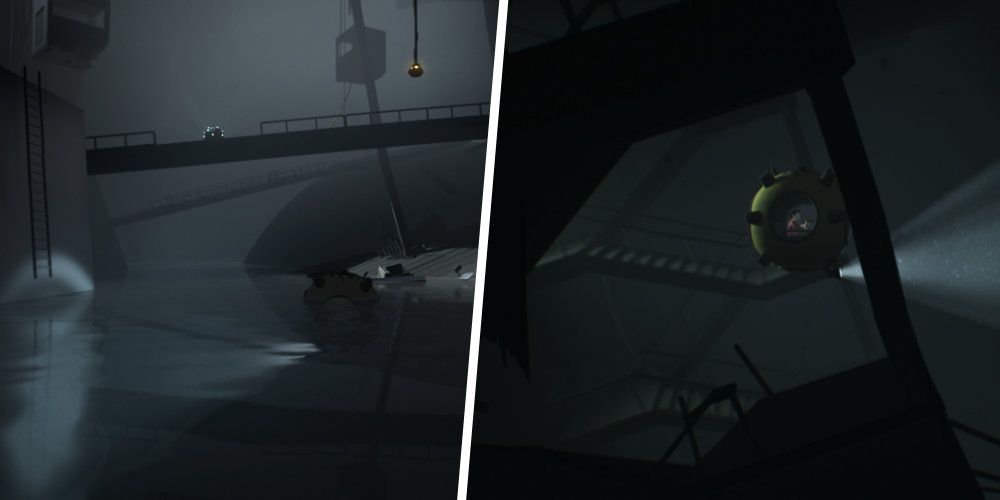 Split image of a flooded facility and of a submarine in a submerged stairwell