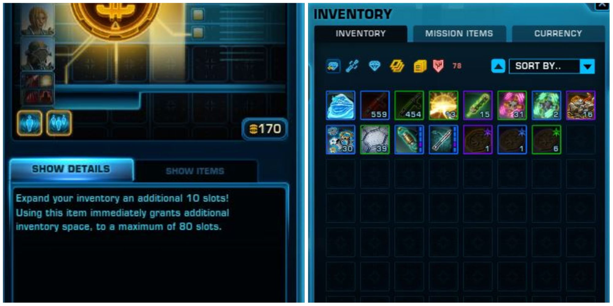 SWTOR Inventory Module window, with inventory interface