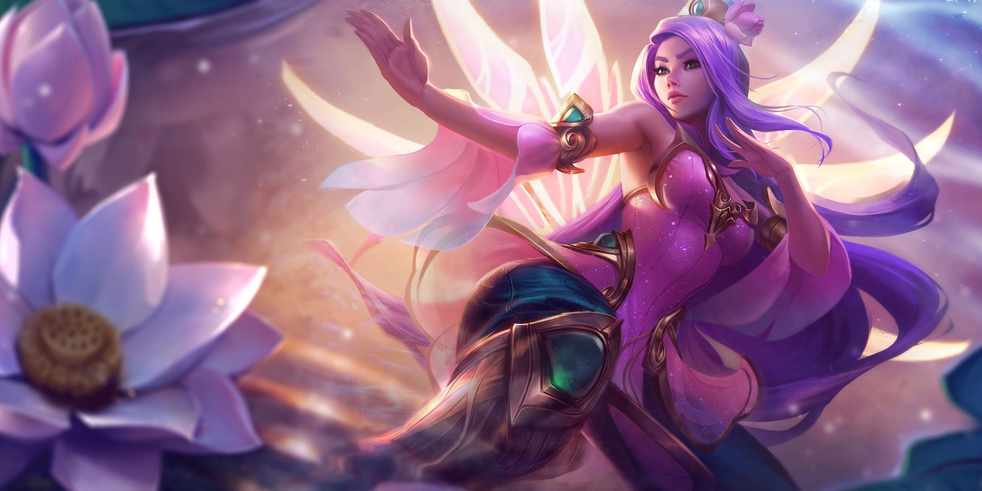 Order of the Lotus Irelia  dancing with her blades over a beautiful pond full of lotus flowers as she gazes off