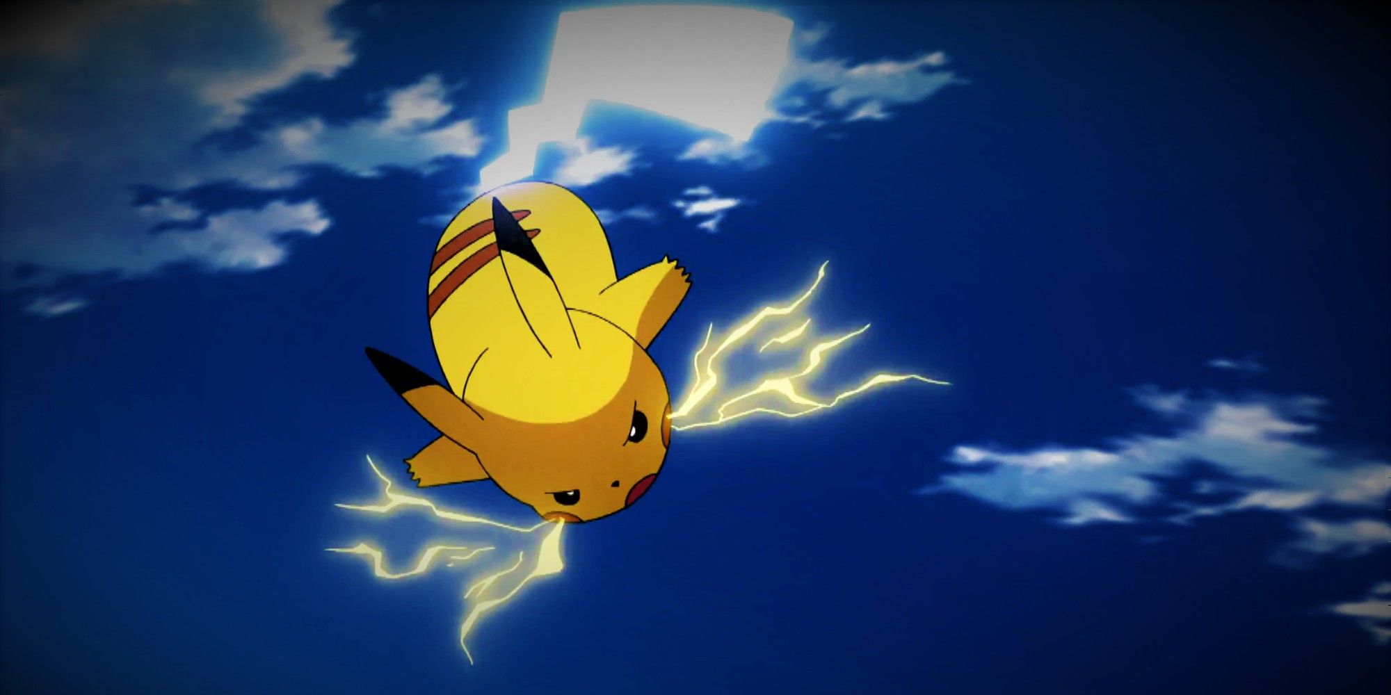 Iron Tail used by Pikachu in air with electric bursting out of its cheeks